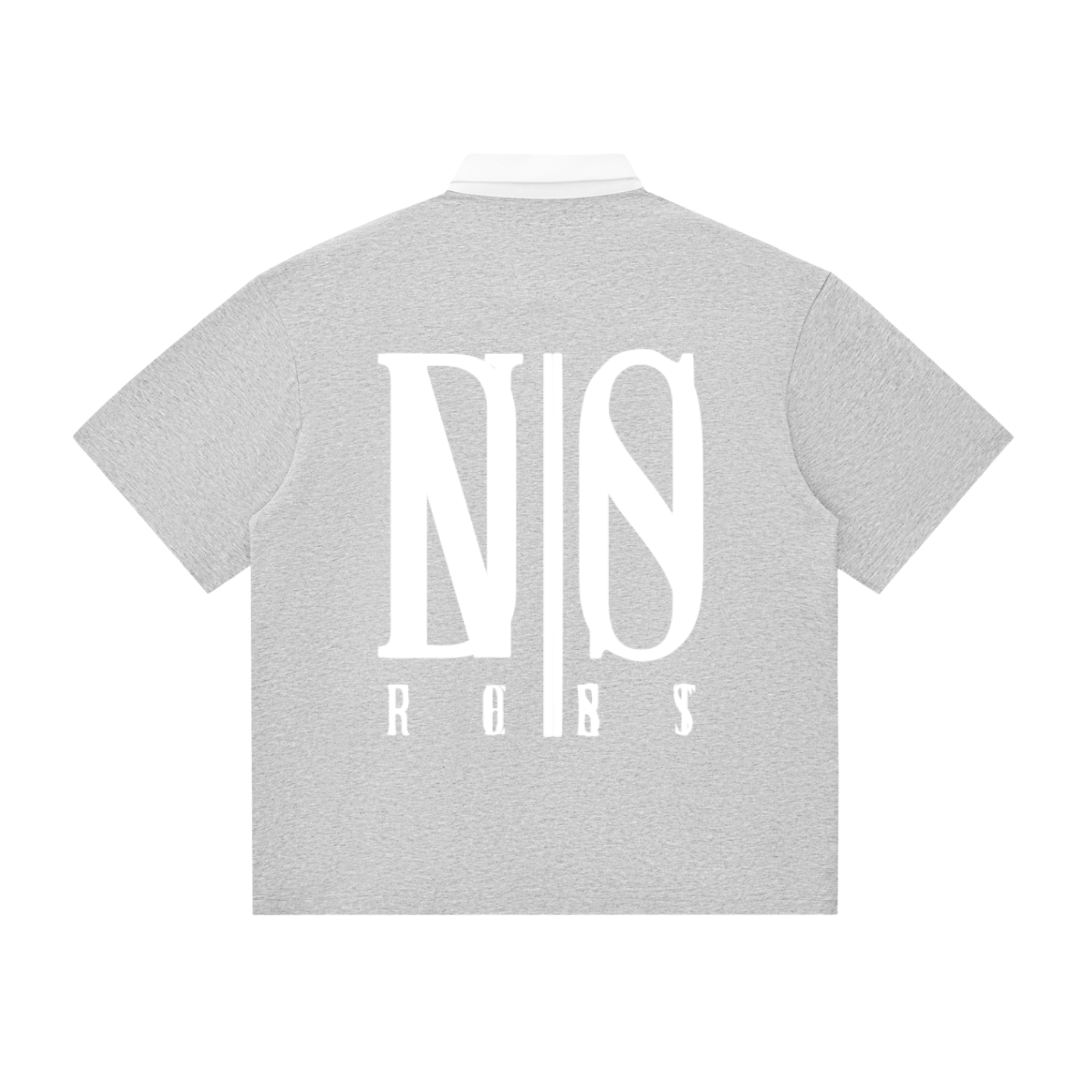 Gray t-shirt with white logo on the back on a white background