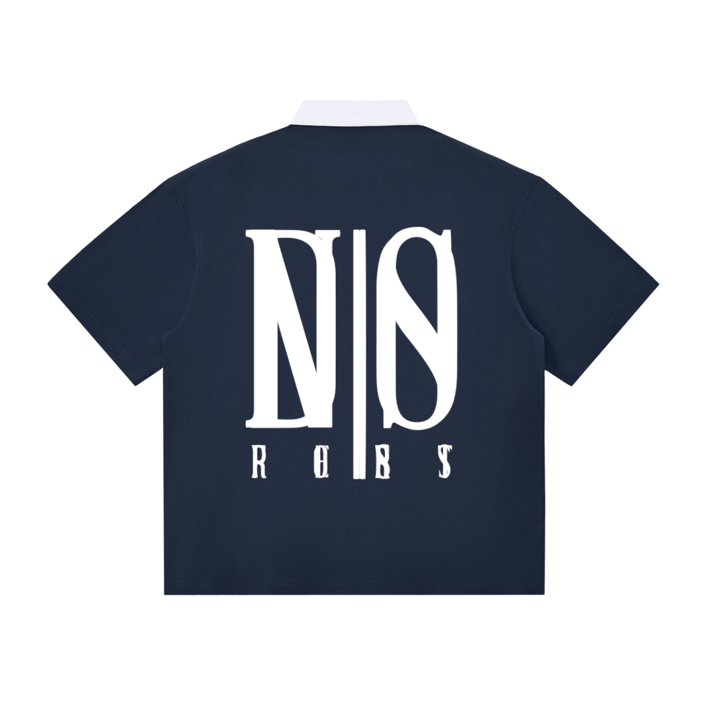 Navy blue t-shirt with white logo on the back against a white background