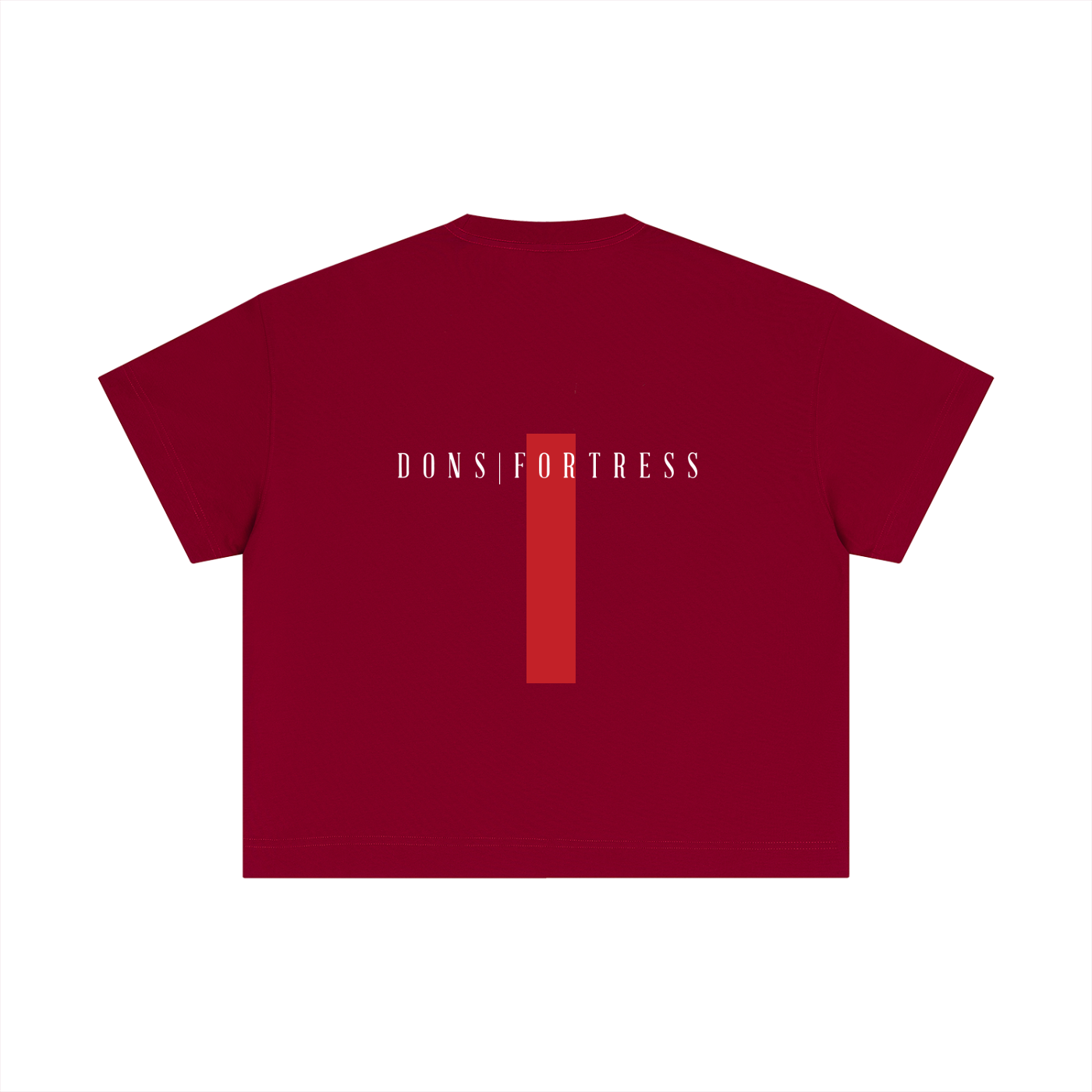 Red t-shirt with 'DONS FORTRESS' logo on a white background