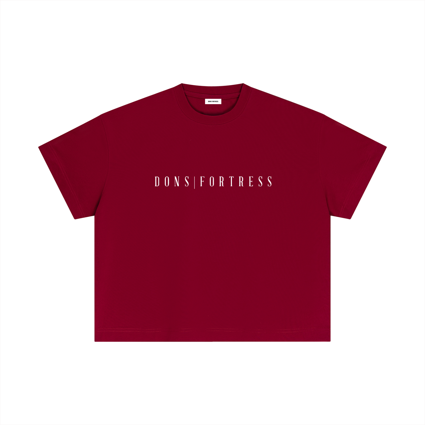 Red t-shirt with 'DONSFORTRESS' text on a white background