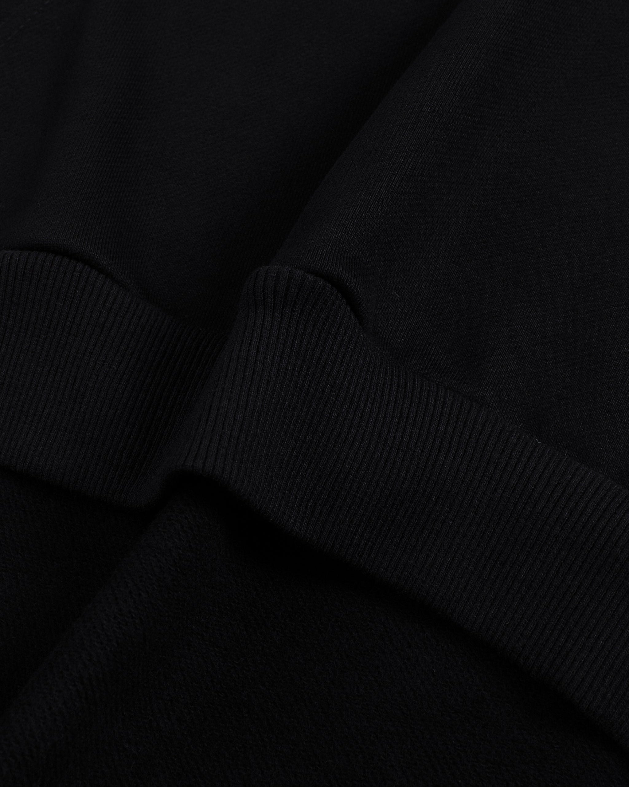 Close-up of a black sweater with ribbed cuffs and hem.