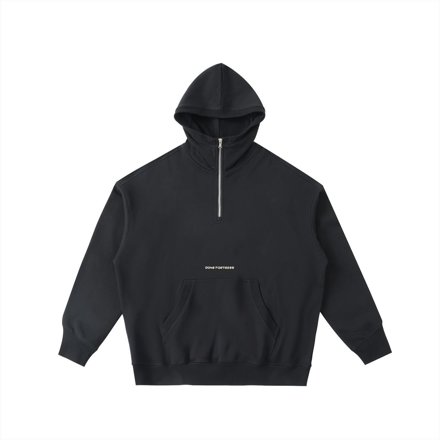 Black hoodie with a brand logo on a white background