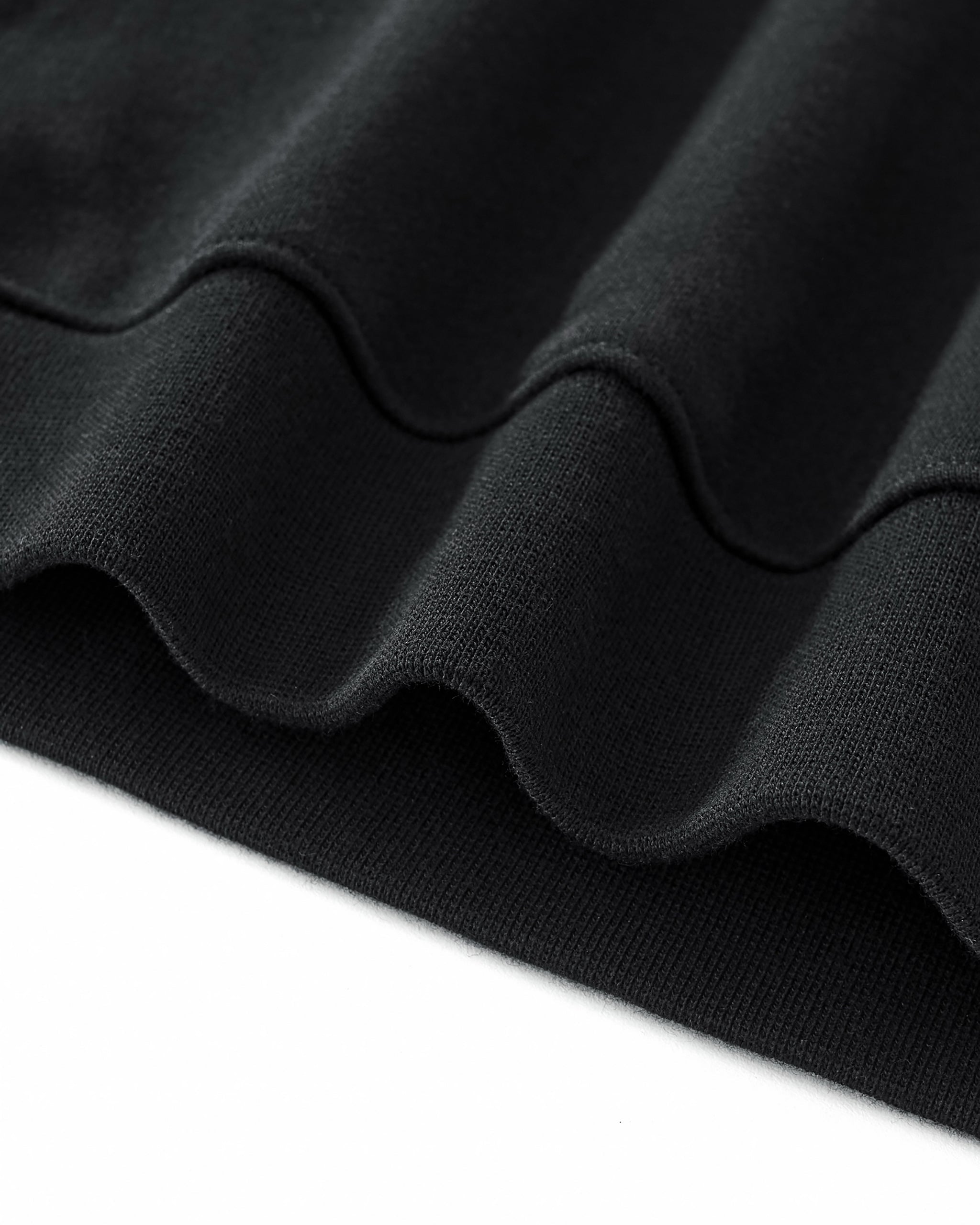 Close-up of black fabric with a textured pattern on a white background