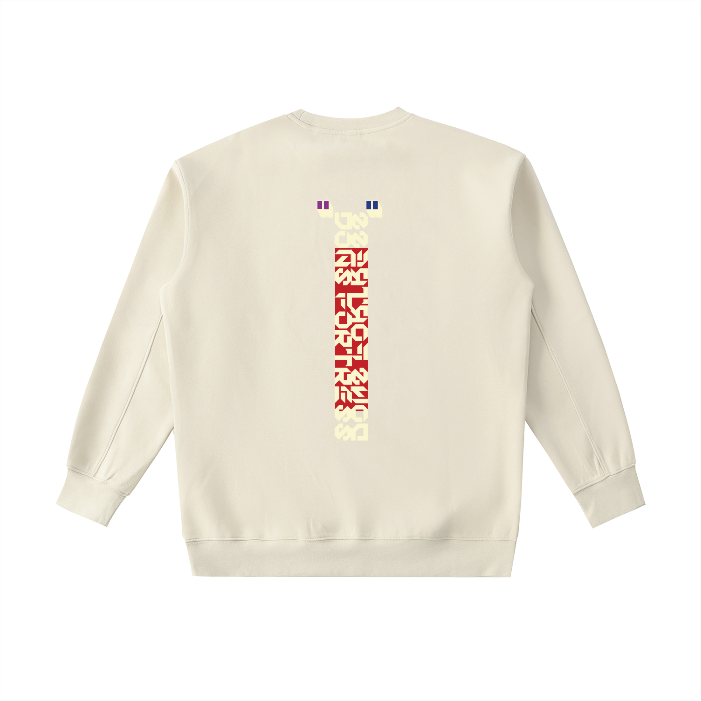 Beige sweatshirt with colorful text design on the back against a white background
