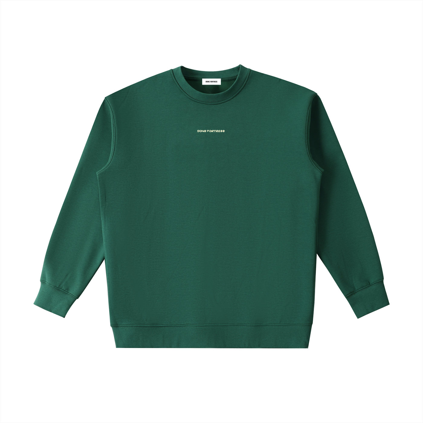 Green sweatshirt with a small white logo on a white background