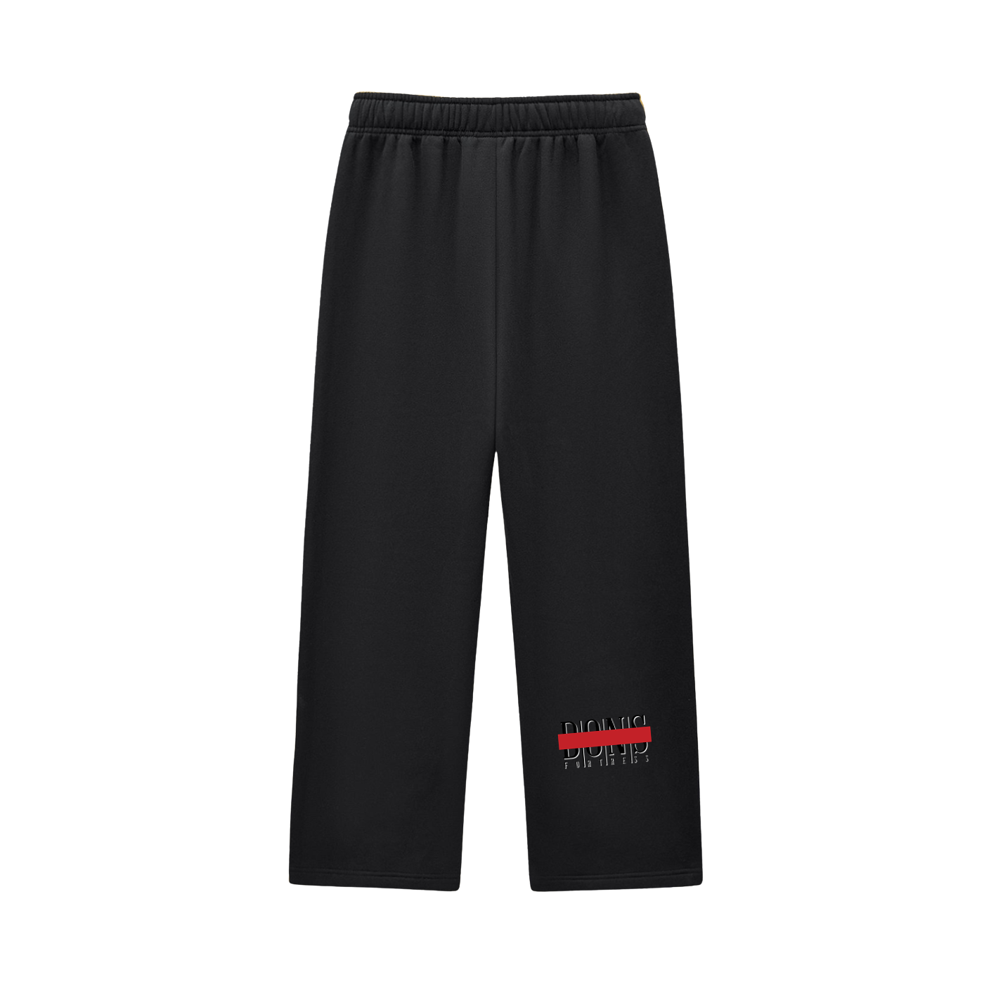 Black pants with a red and white logo on a white background