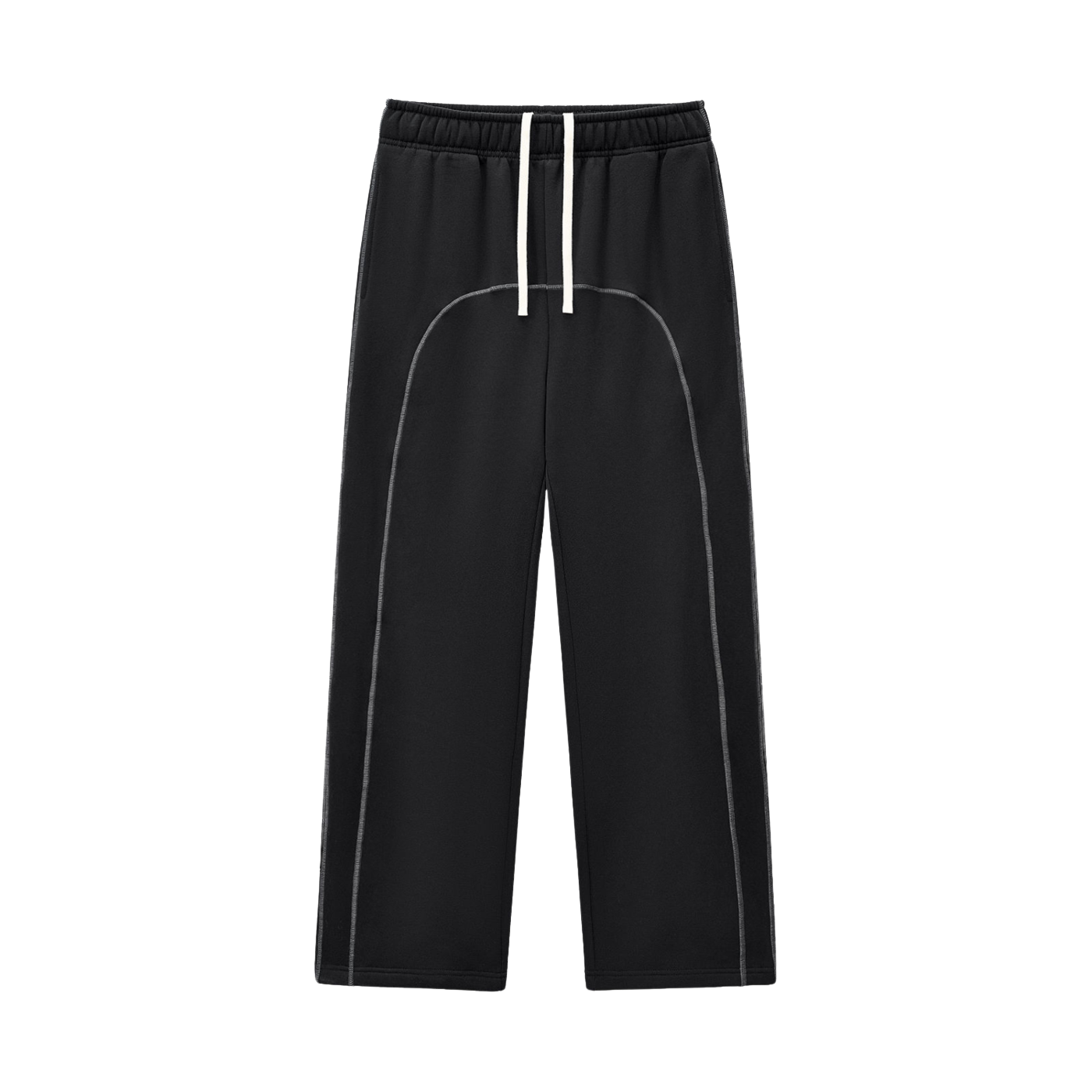 Black pants with white accents on a white background