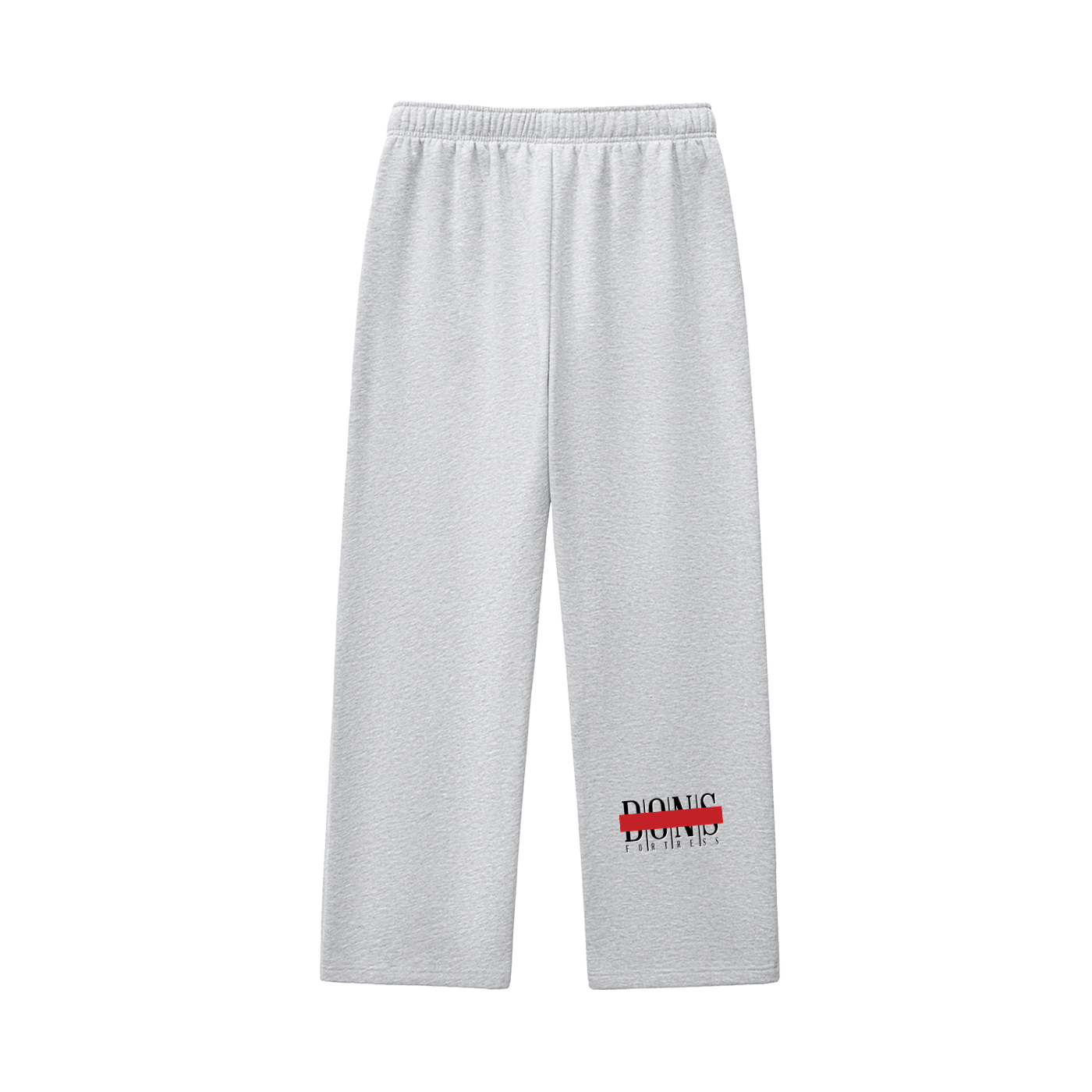 Gray sweatpants with a red and black logo on a white background