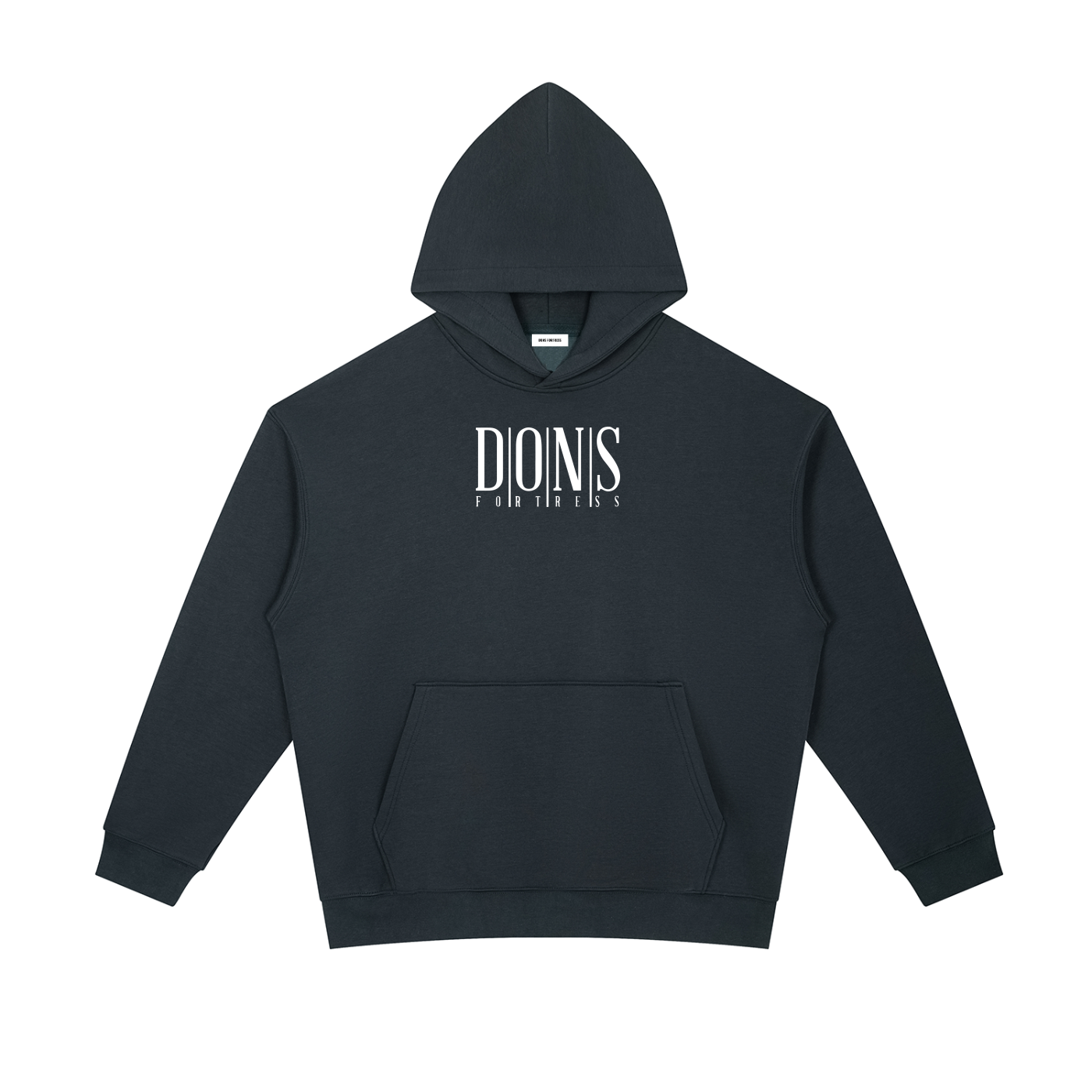 Navy hoodie with white text on a white background