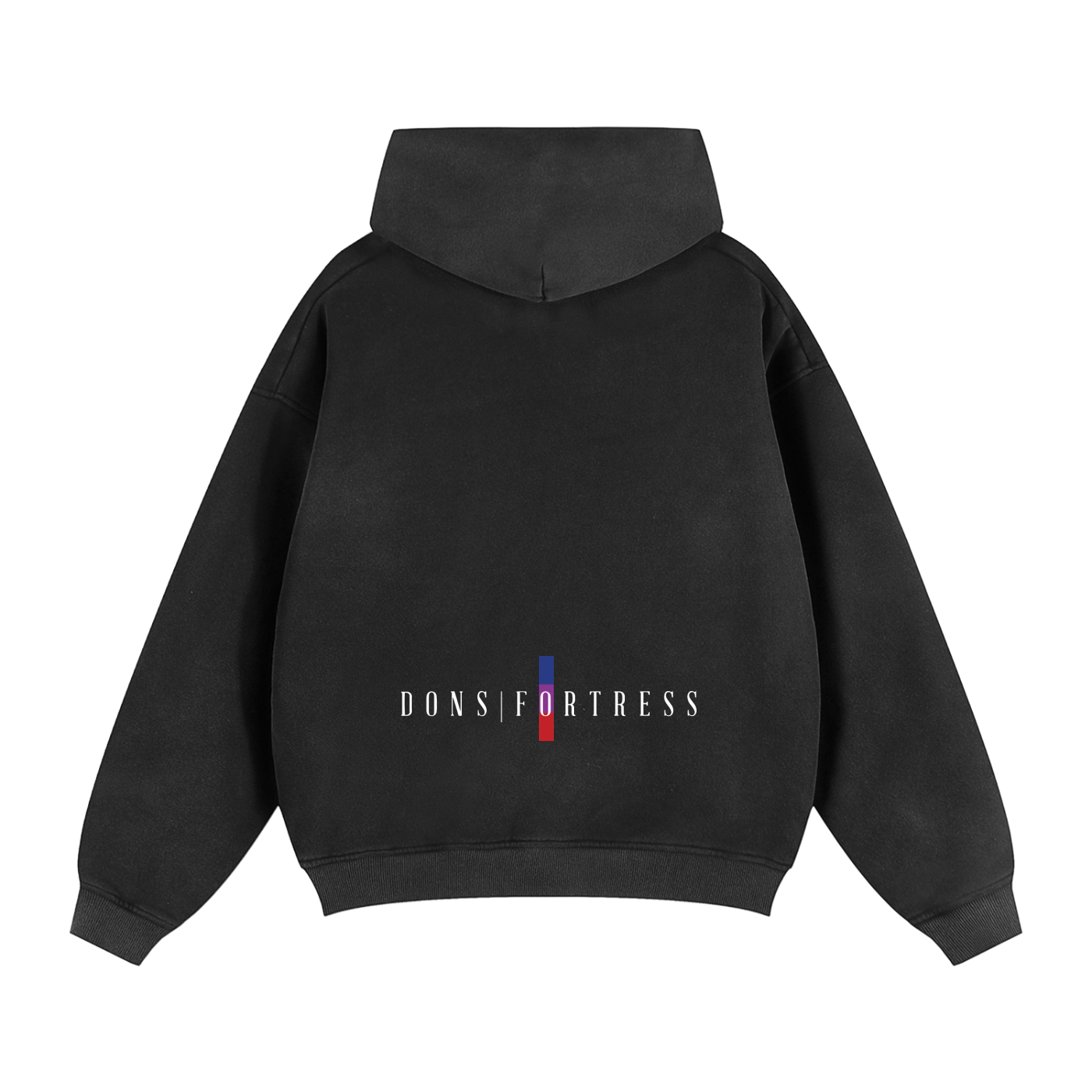 Black hoodie with 'DONS FORTRESS' logo on the back against a white background