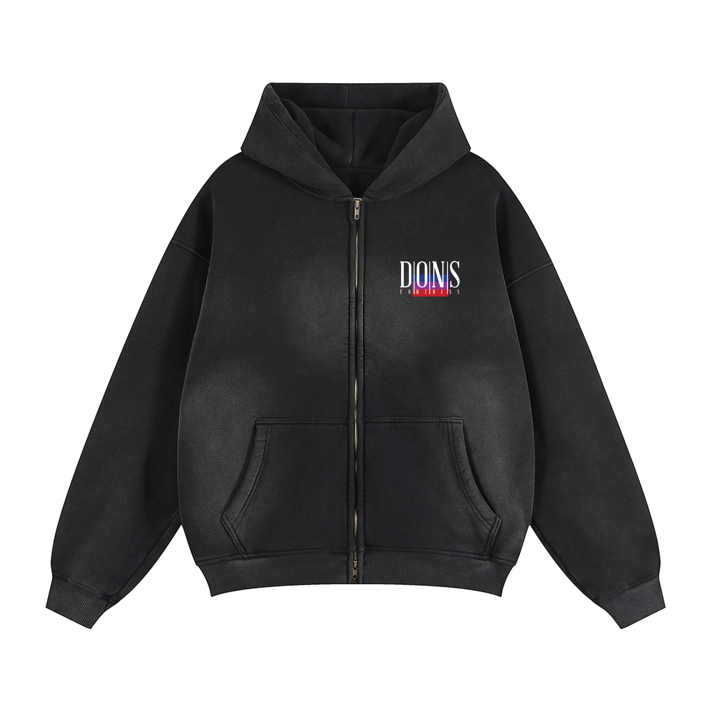 Black hoodie with a brand logo on a white background