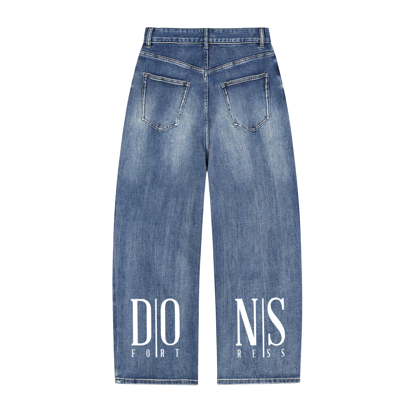 Blue jeans with white text on a white background