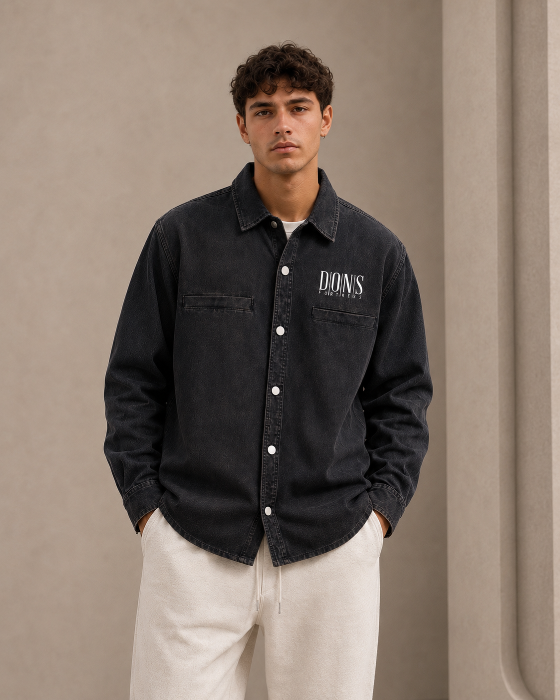 Man wearing a black denim jacket with a brand logo against a beige background