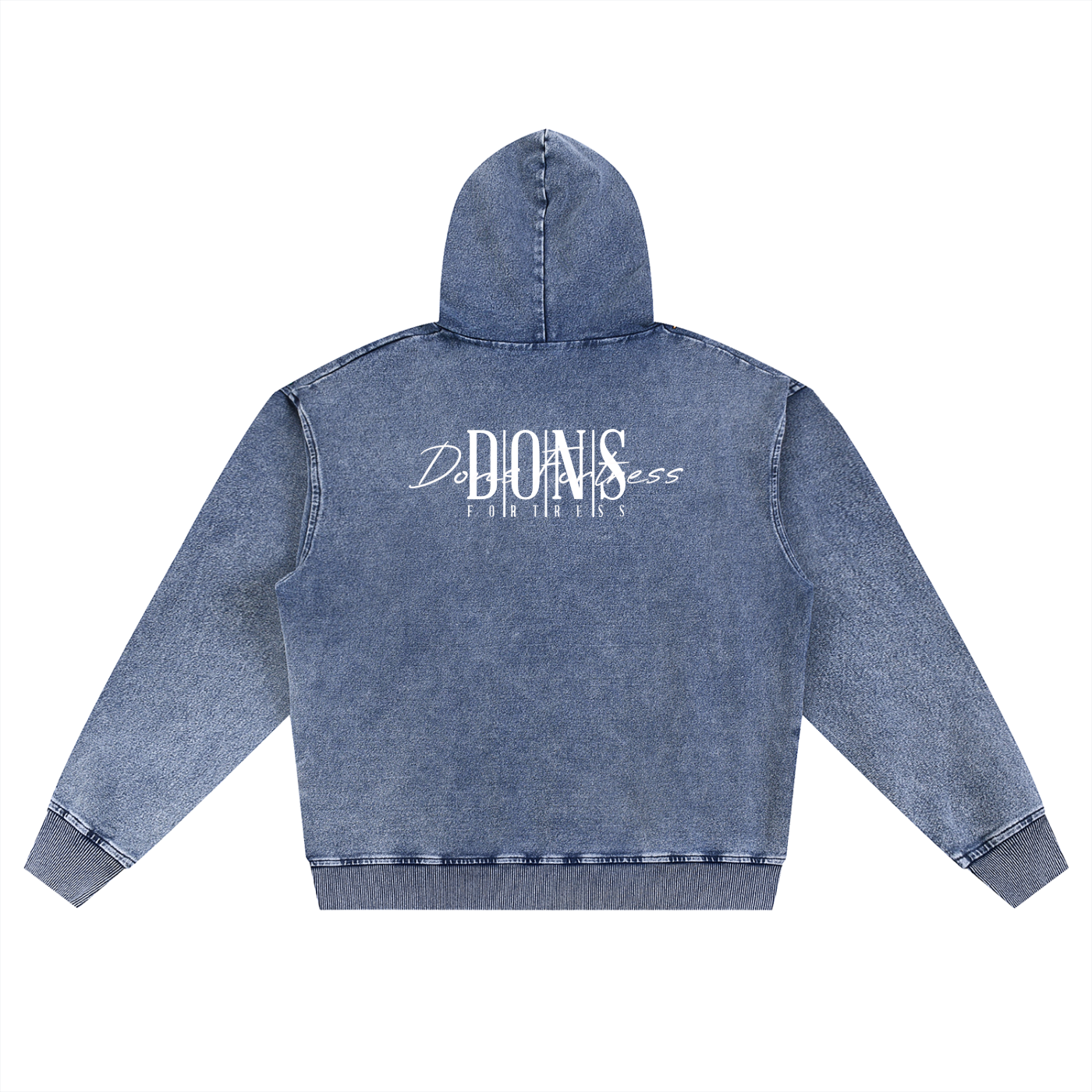 Blue denim hoodie with branding on the back against a white background