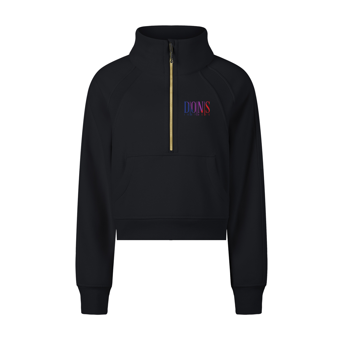 Black half-zip sweatshirt with colorful logo on a white background