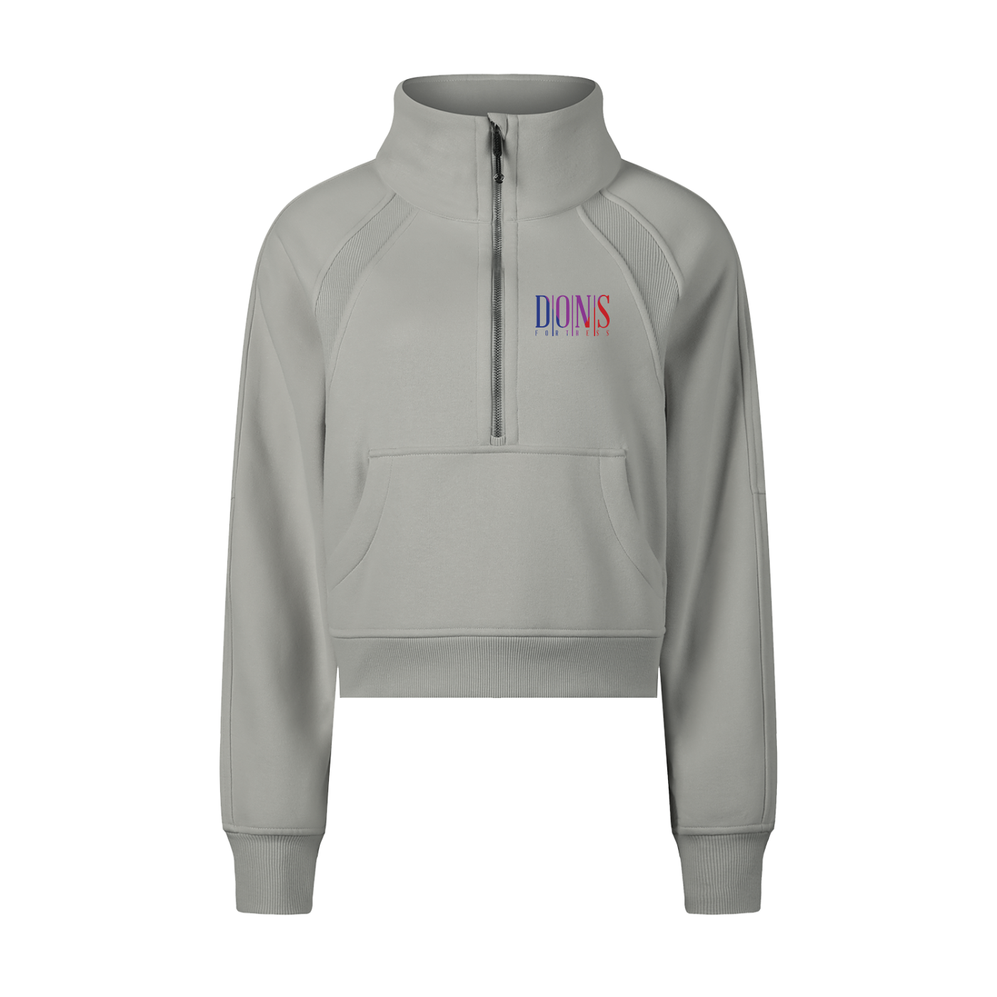 Gray half-zip sweatshirt with logo on a white background