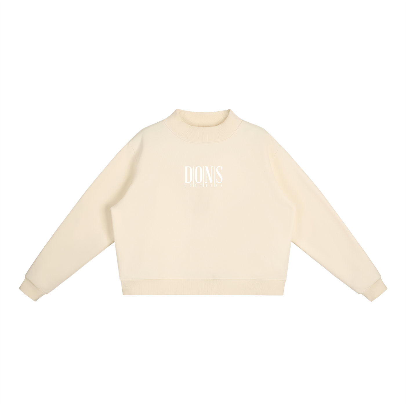 Beige sweatshirt with branding on a white background