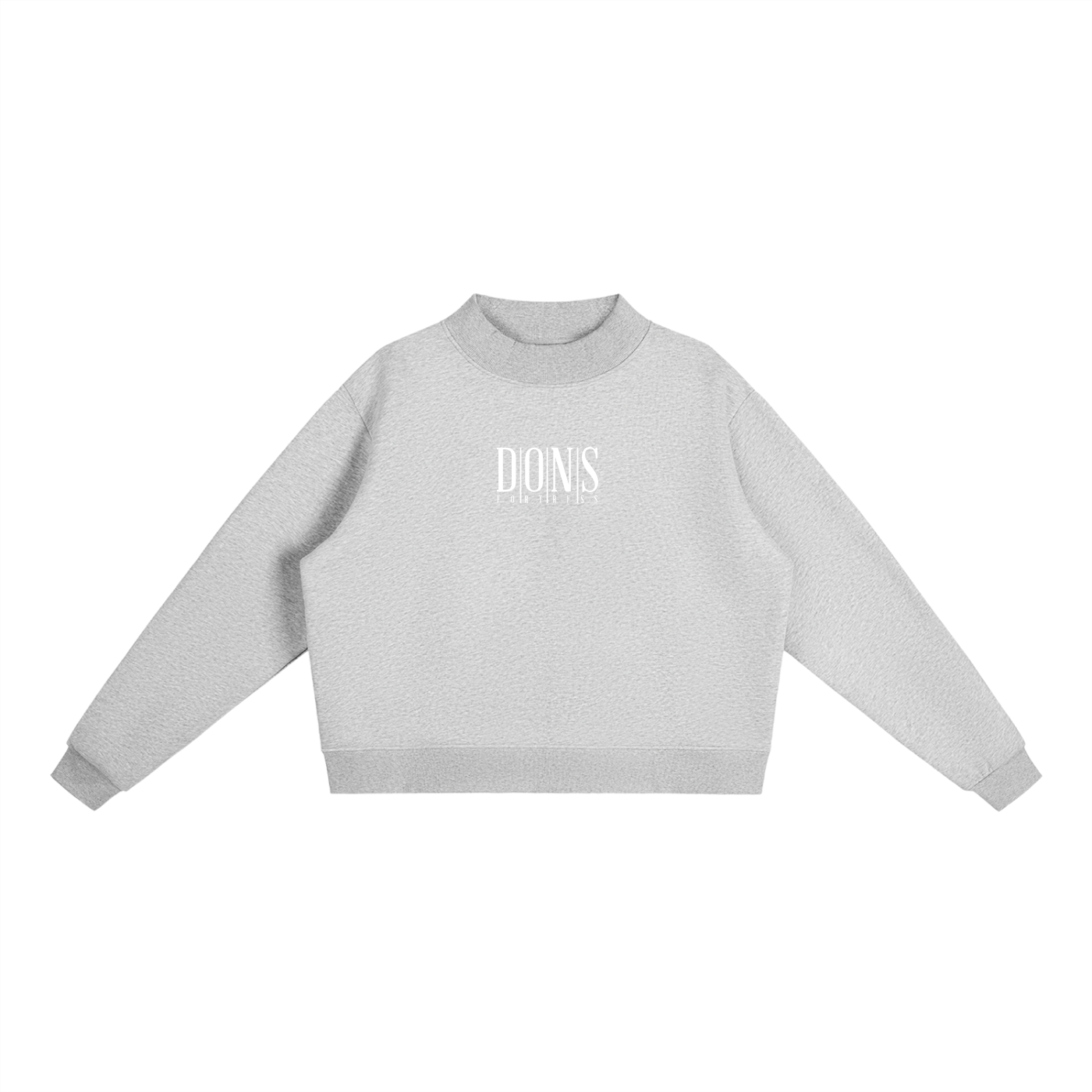 Gray sweatshirt with white text on a white background