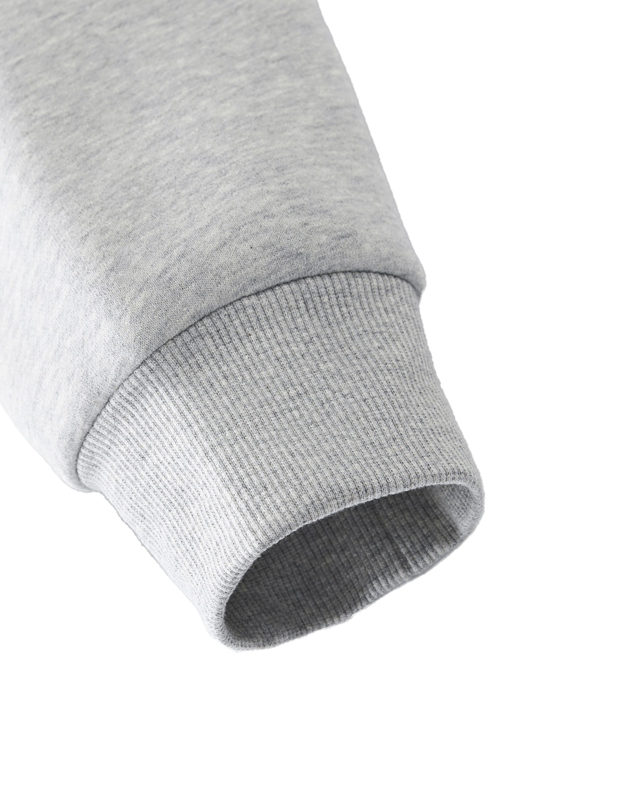 Close-up of a gray sweatshirt sleeve on a white background
