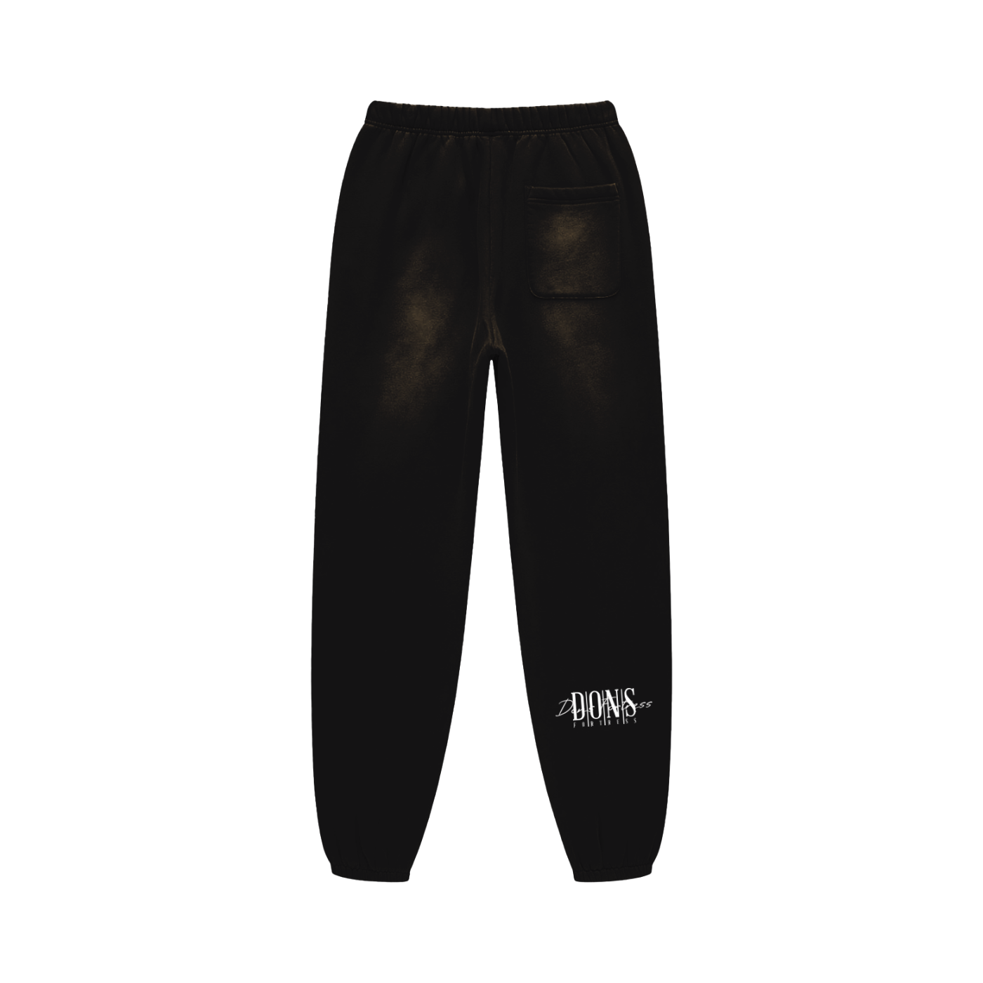 Black sweatpants with a logo on the leg against a white background