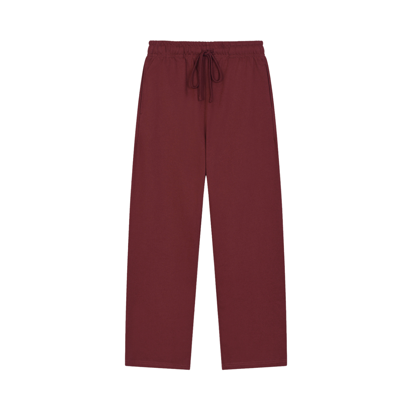 Maroon pants with a drawstring on a white background