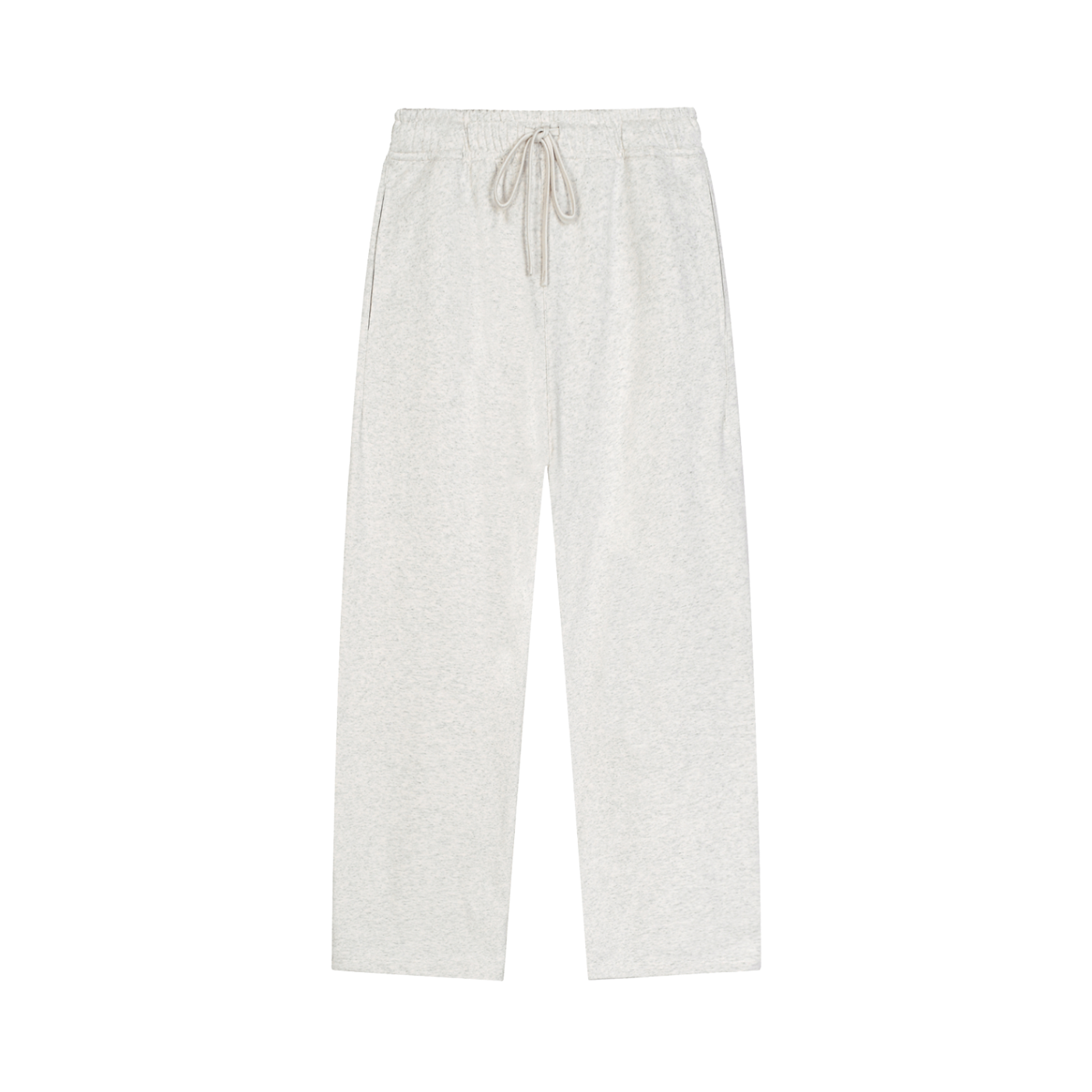Light gray sweatpants with a drawstring on a white background
