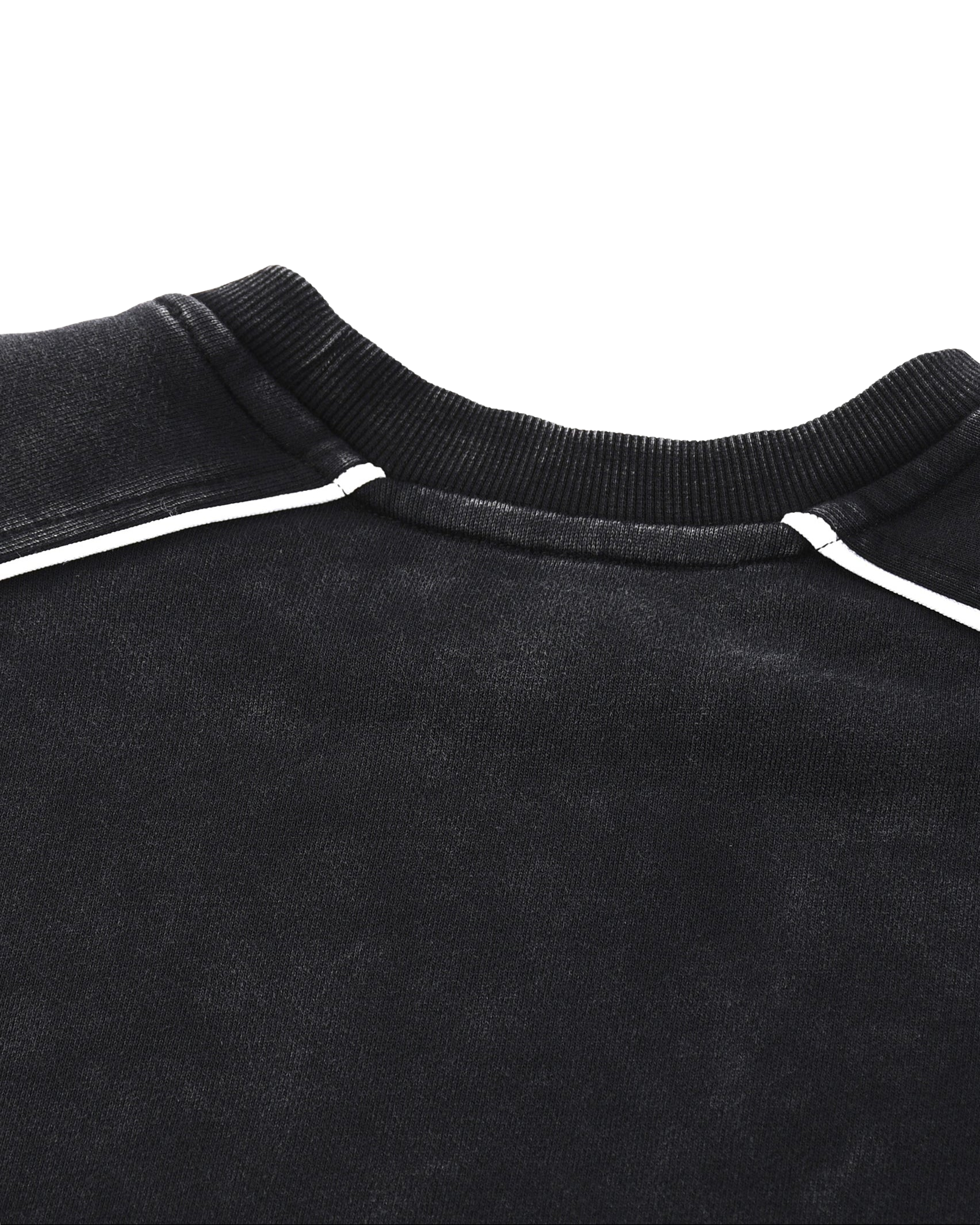 Close-up of a black sweater with white trim on a white background