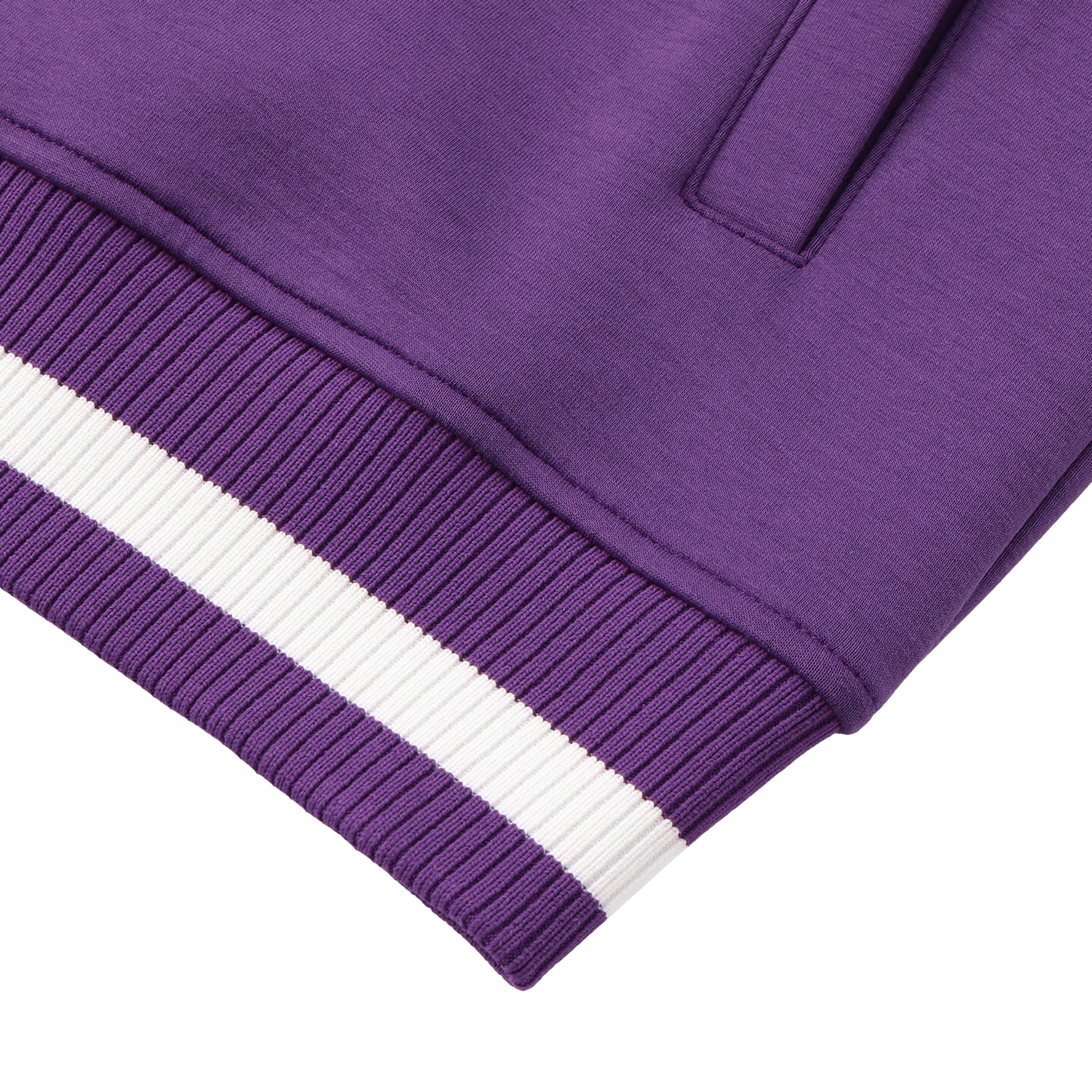 Close-up of a purple garment with white stripes on a white background
