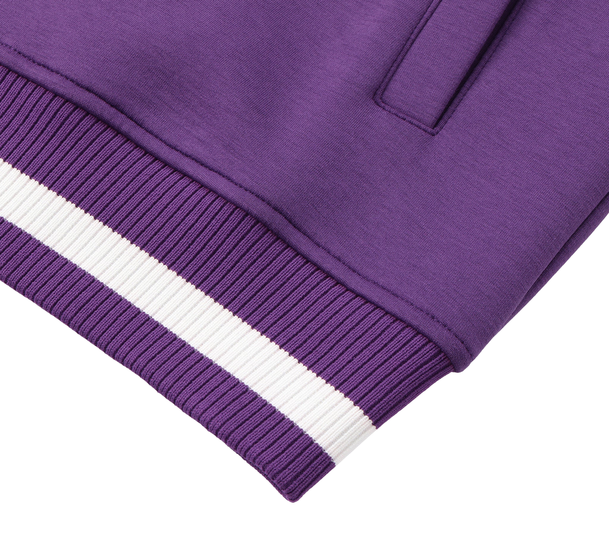 Close-up of a purple garment with white stripes on a white background