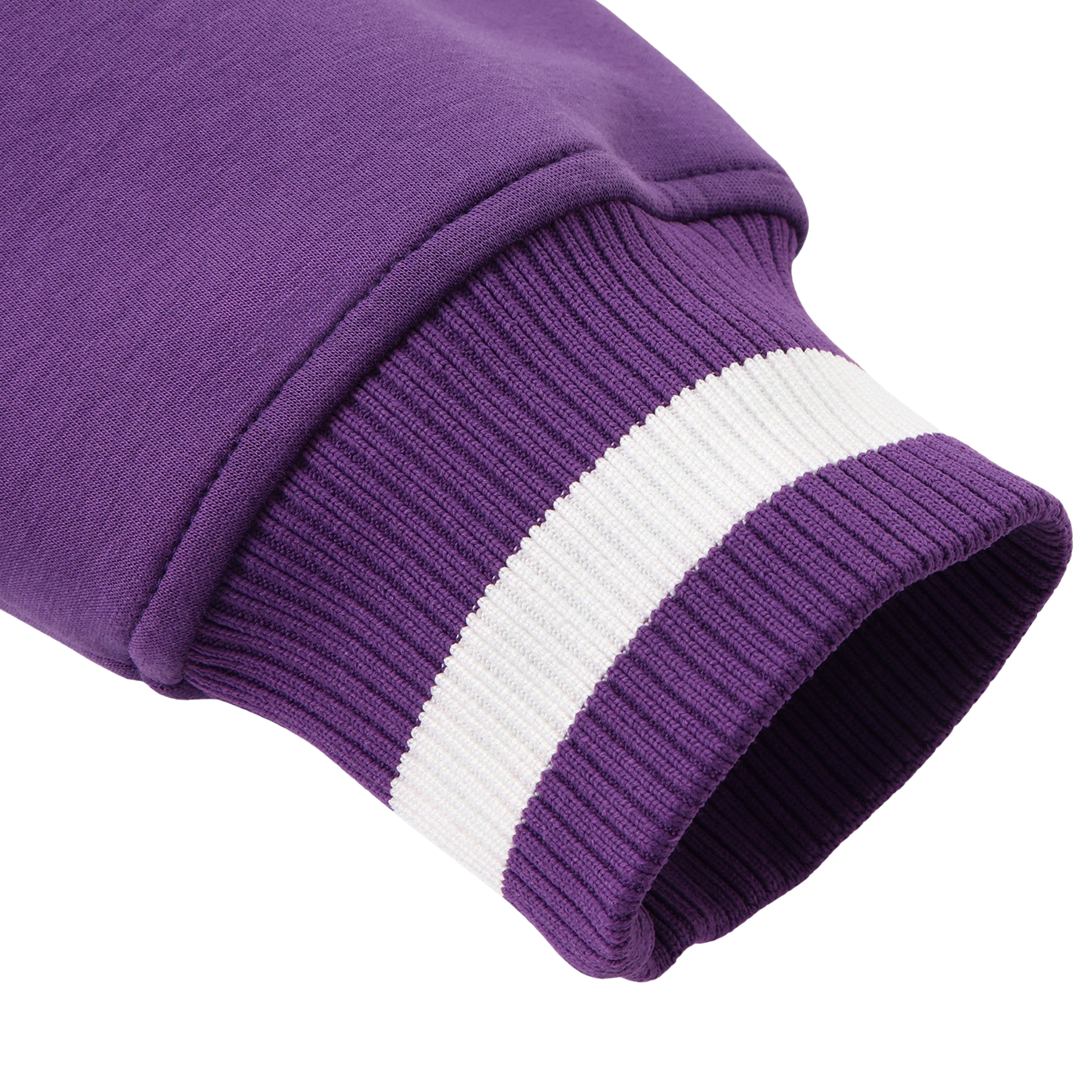 Close-up of a purple sweater with a white stripe on a white background