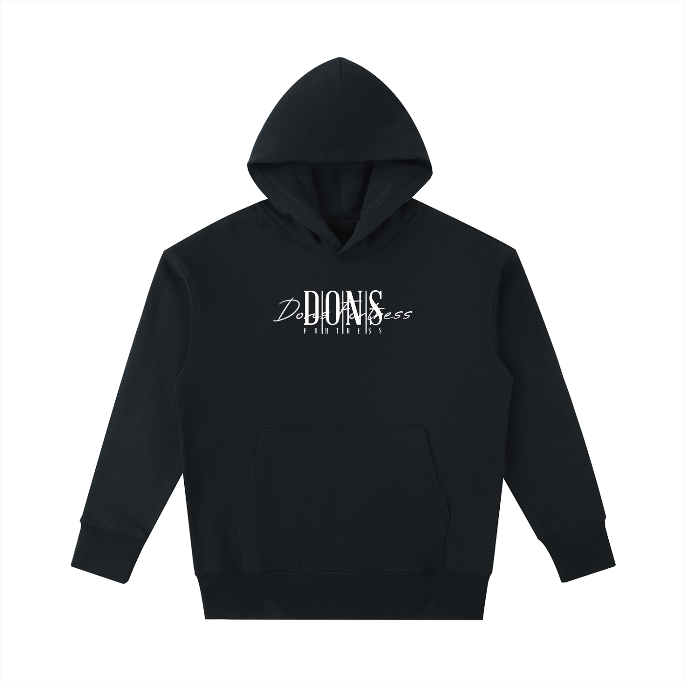 Black hoodie with white text on a white background