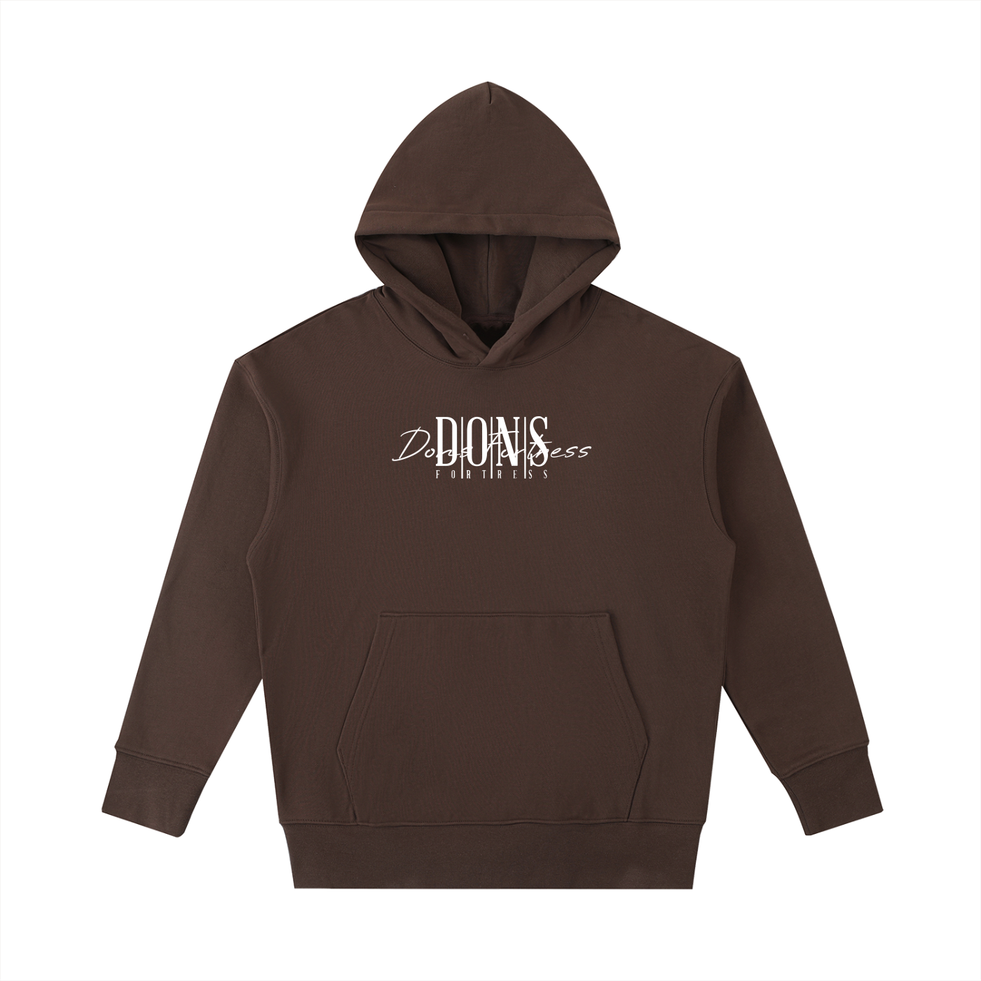 Brown hoodie with white text on a white background