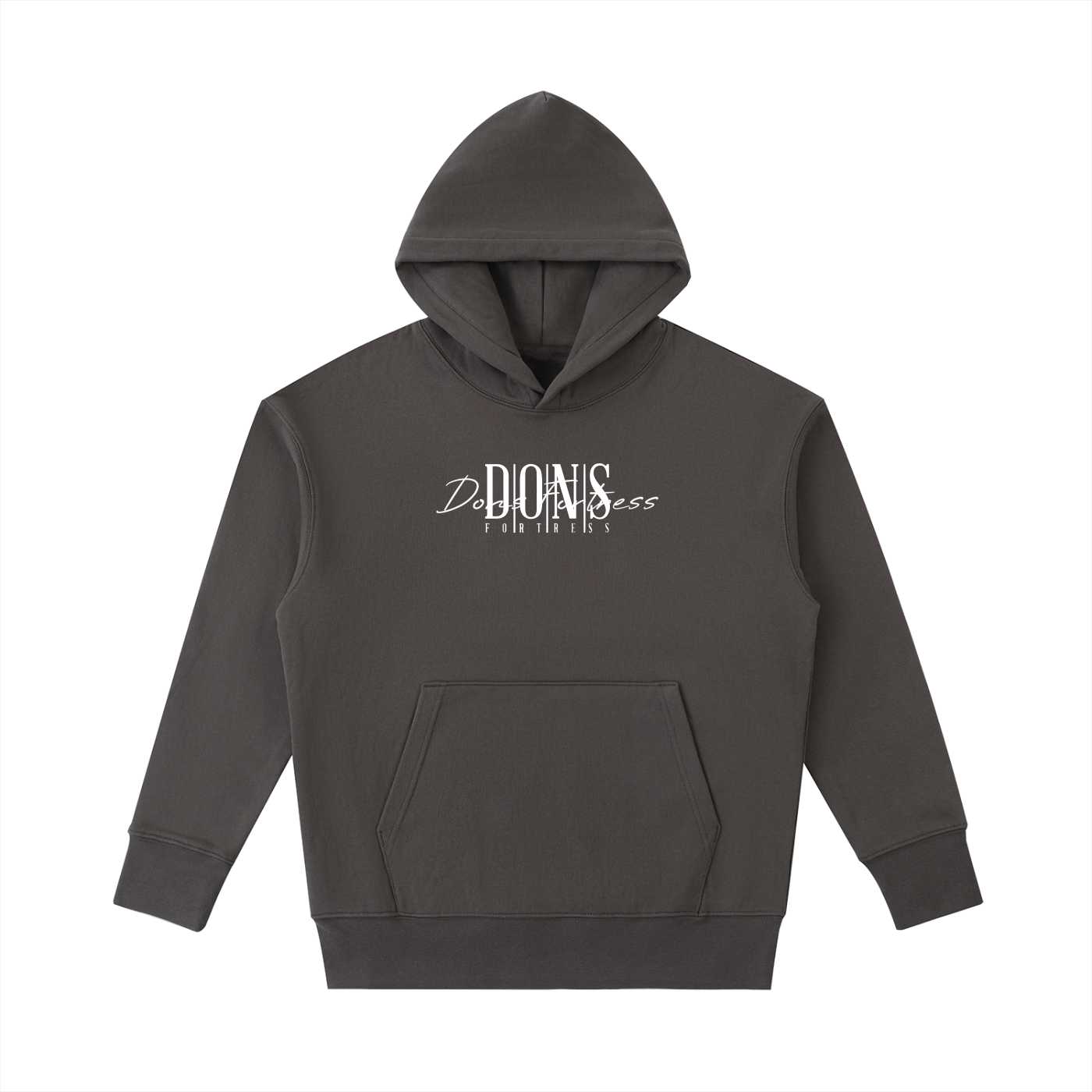 Dark gray hoodie with a brand logo on a white background