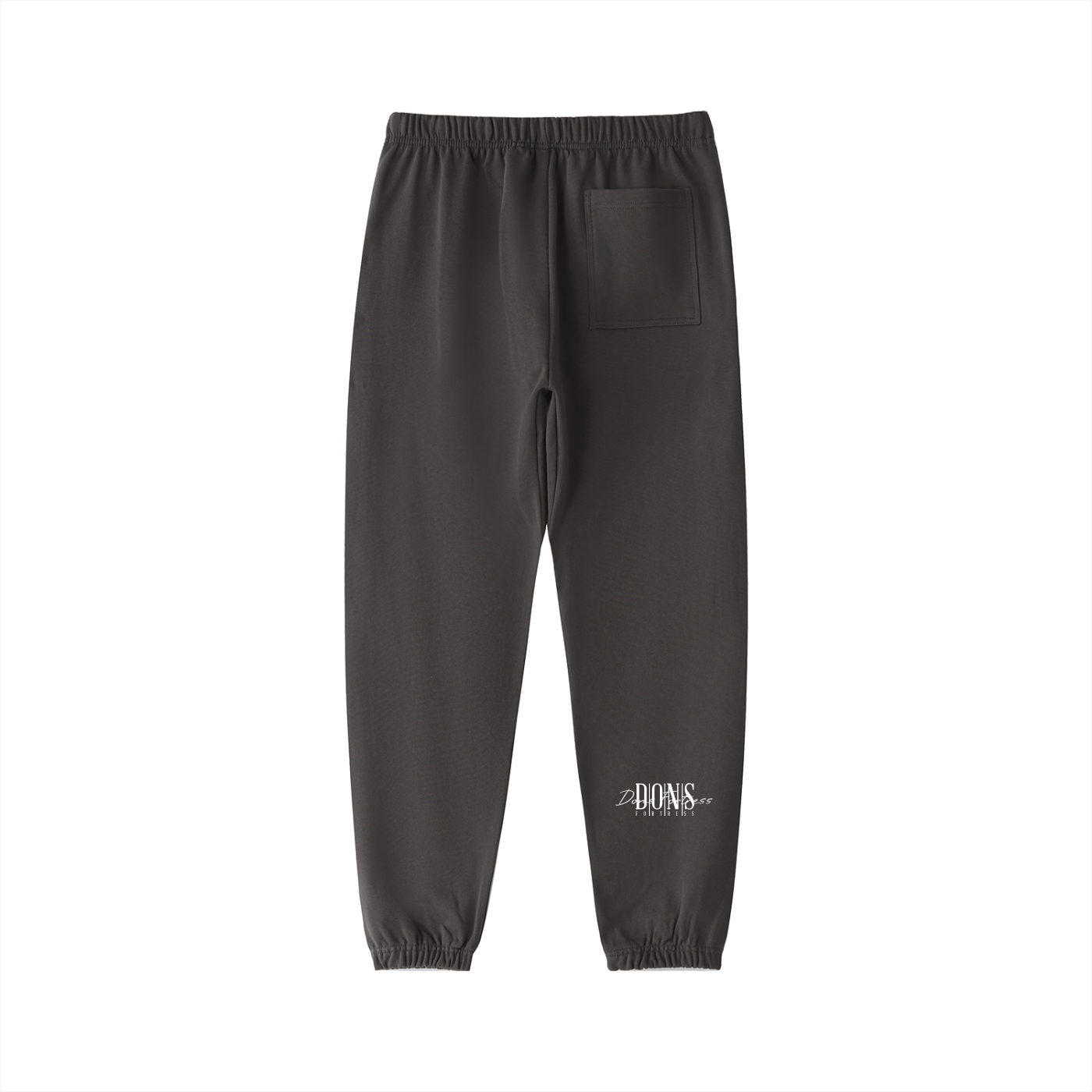 Dark gray sweatpants with a brand logo on a white background