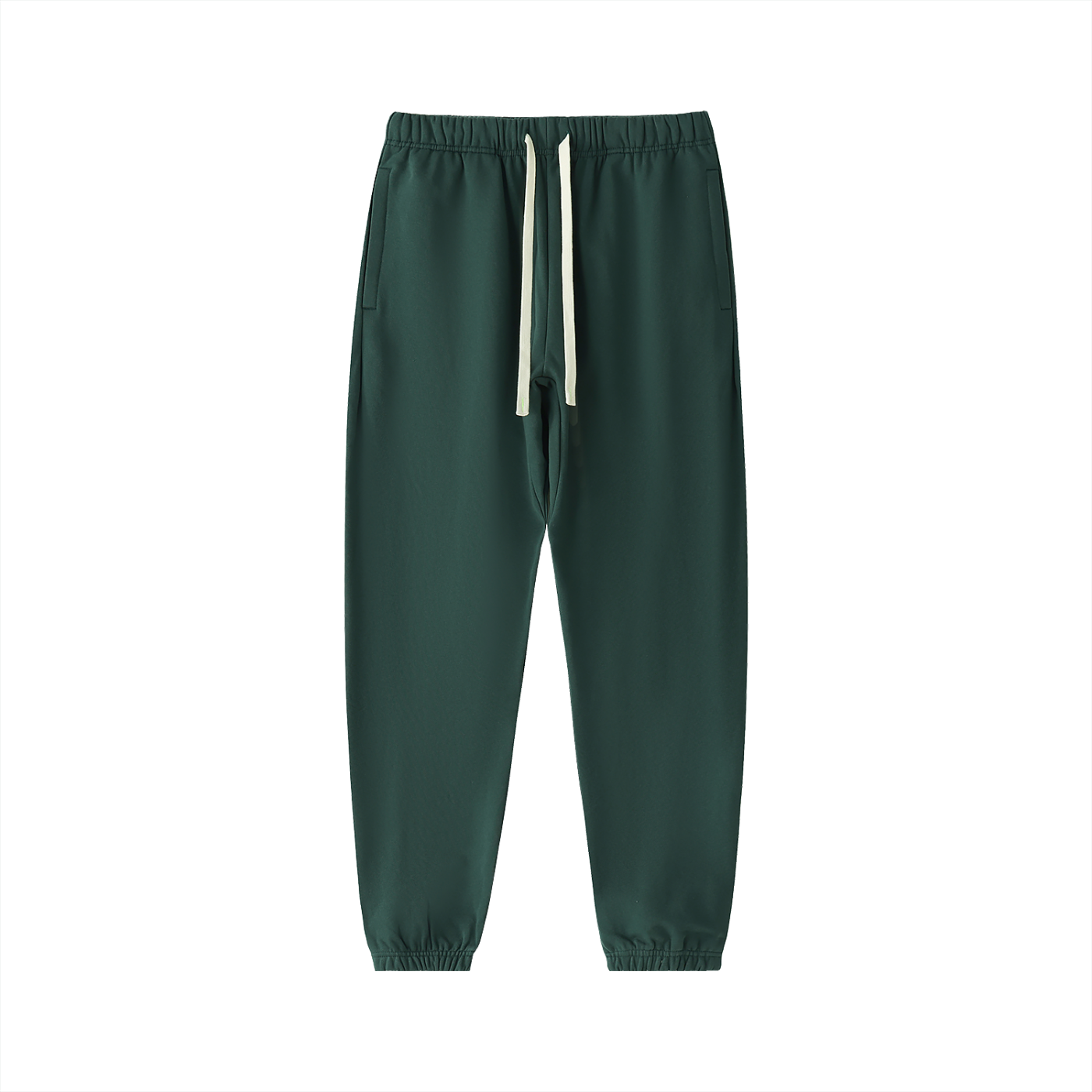 Green jogger pants with a white drawstring on a white background