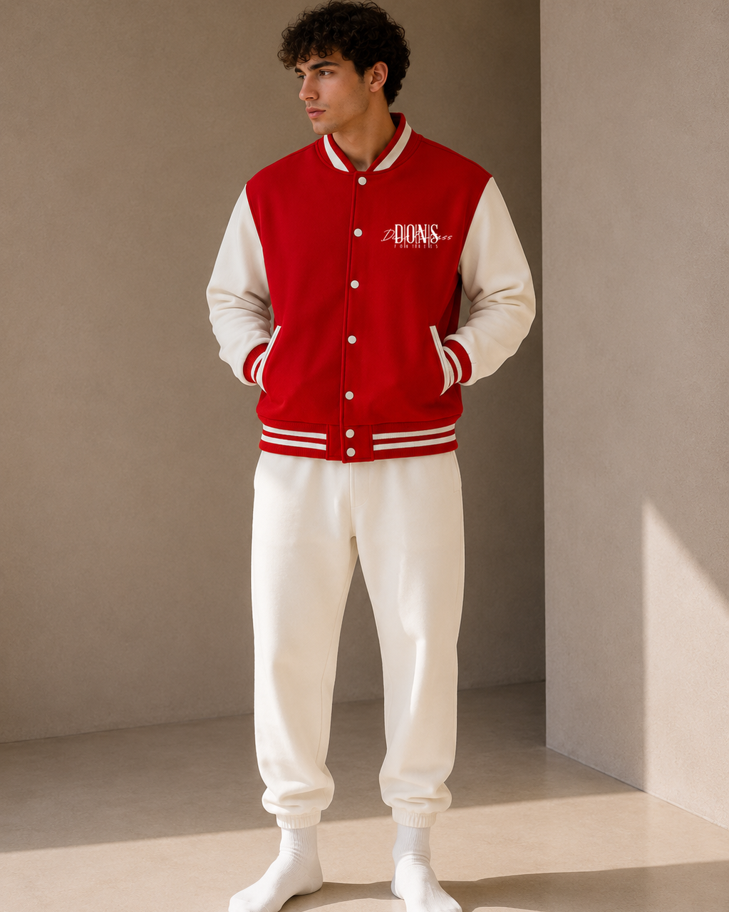 Person wearing a red and white varsity jacket with a logo, standing against a beige wall.
