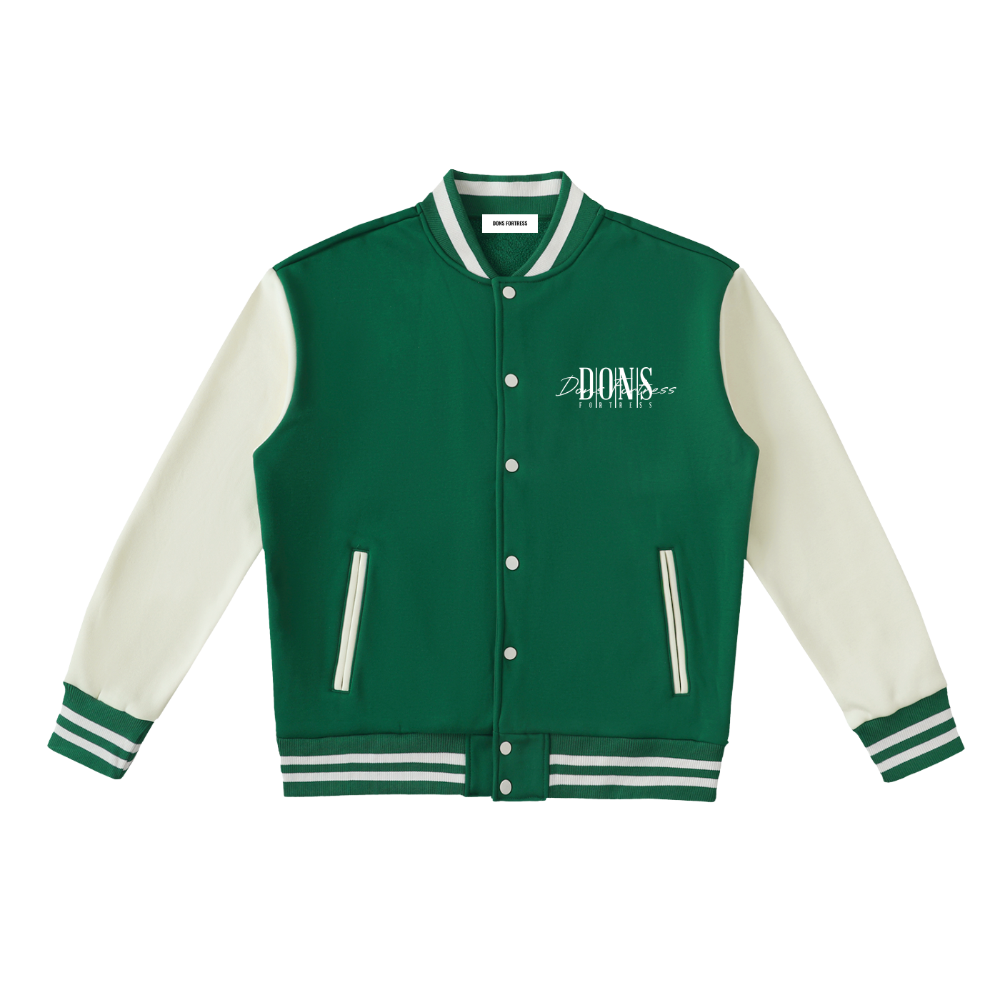 Green and white varsity jacket with brand logo on a white background