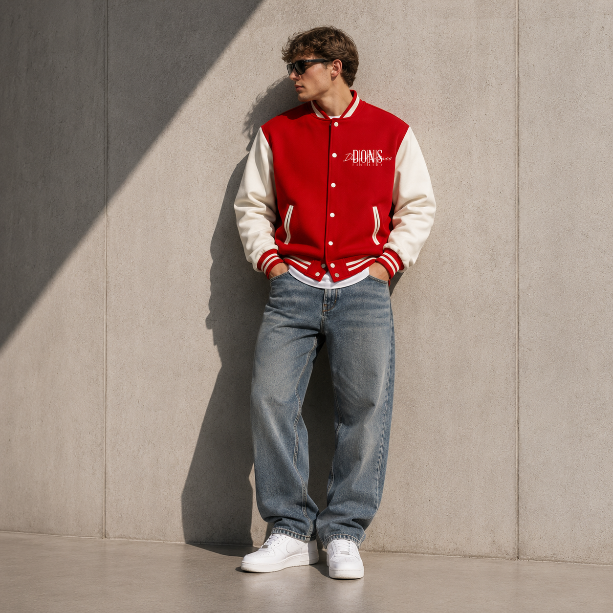 Person wearing a red and white varsity jacket with logo against a gray wall.