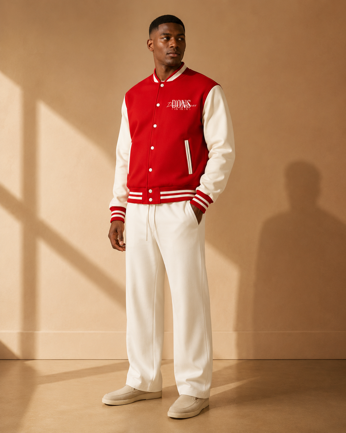 Man wearing a red and white varsity jacket with a logo, standing against a beige wall.