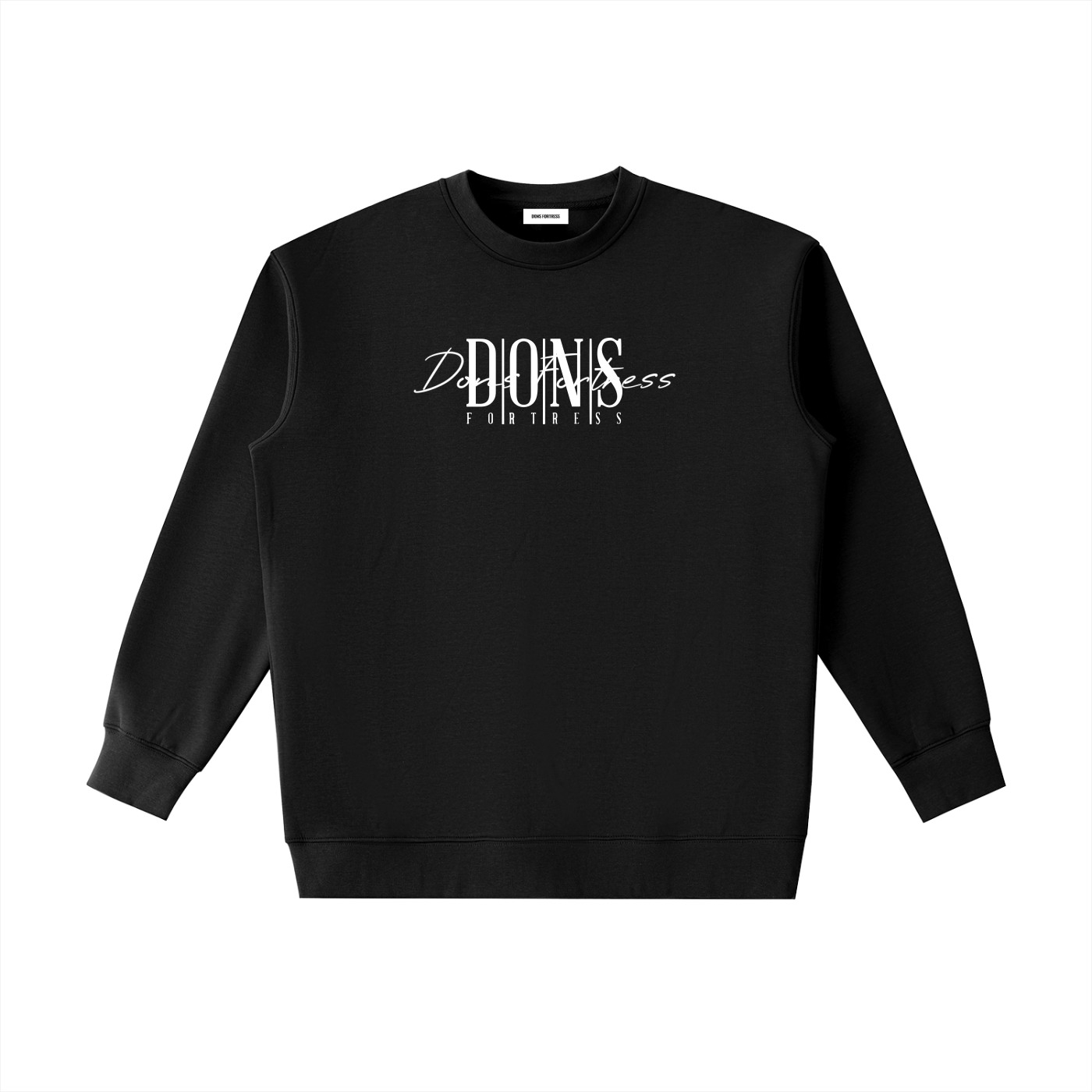 Black sweatshirt with white text on a white background
