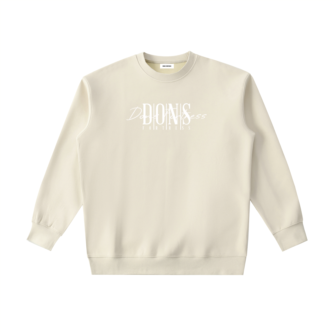 Light gray sweatshirt with brand text on a white background