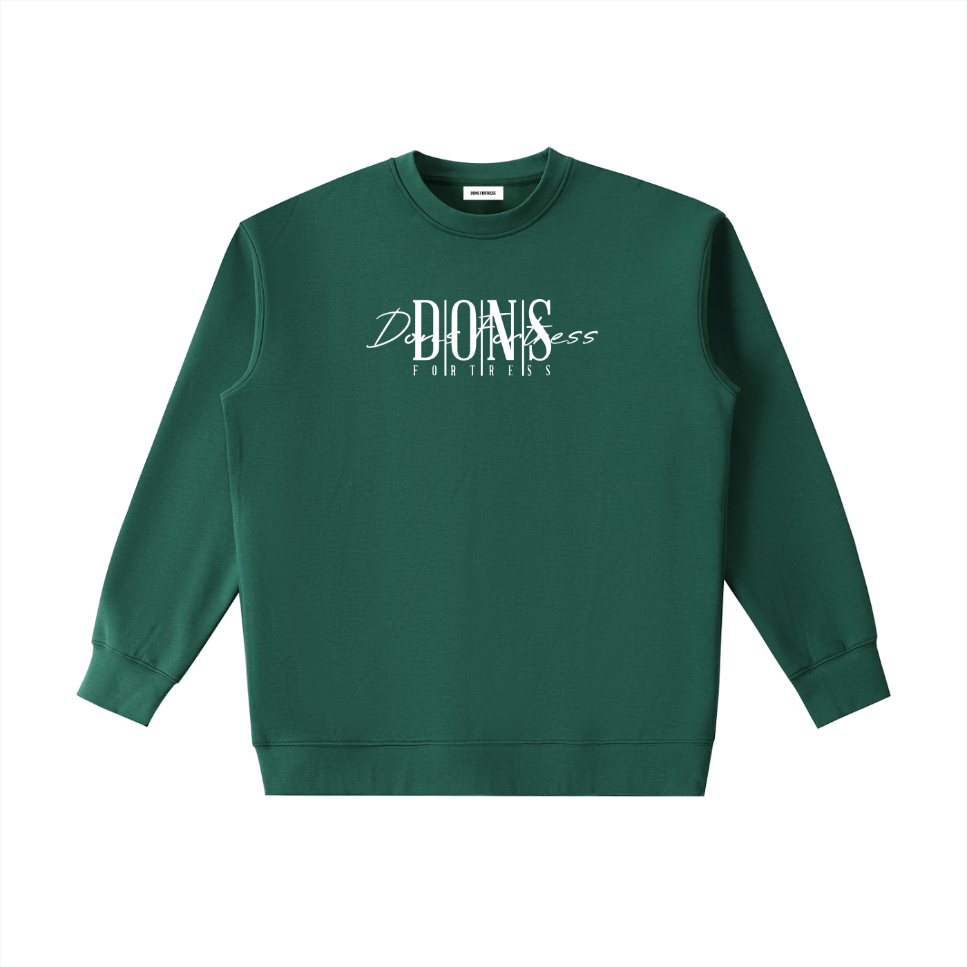 Green sweatshirt with branding on a white background