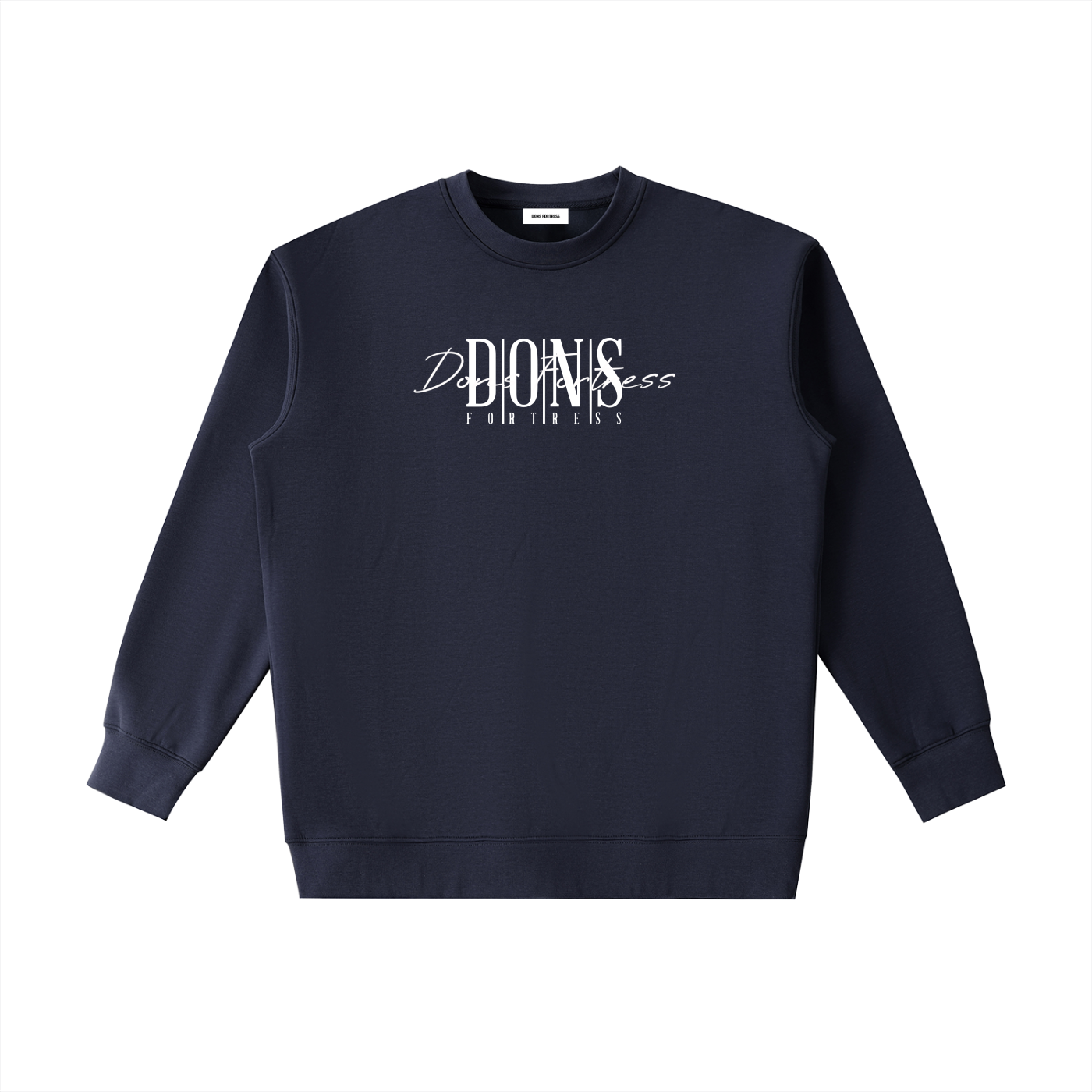 Navy blue sweatshirt with white text on a white background