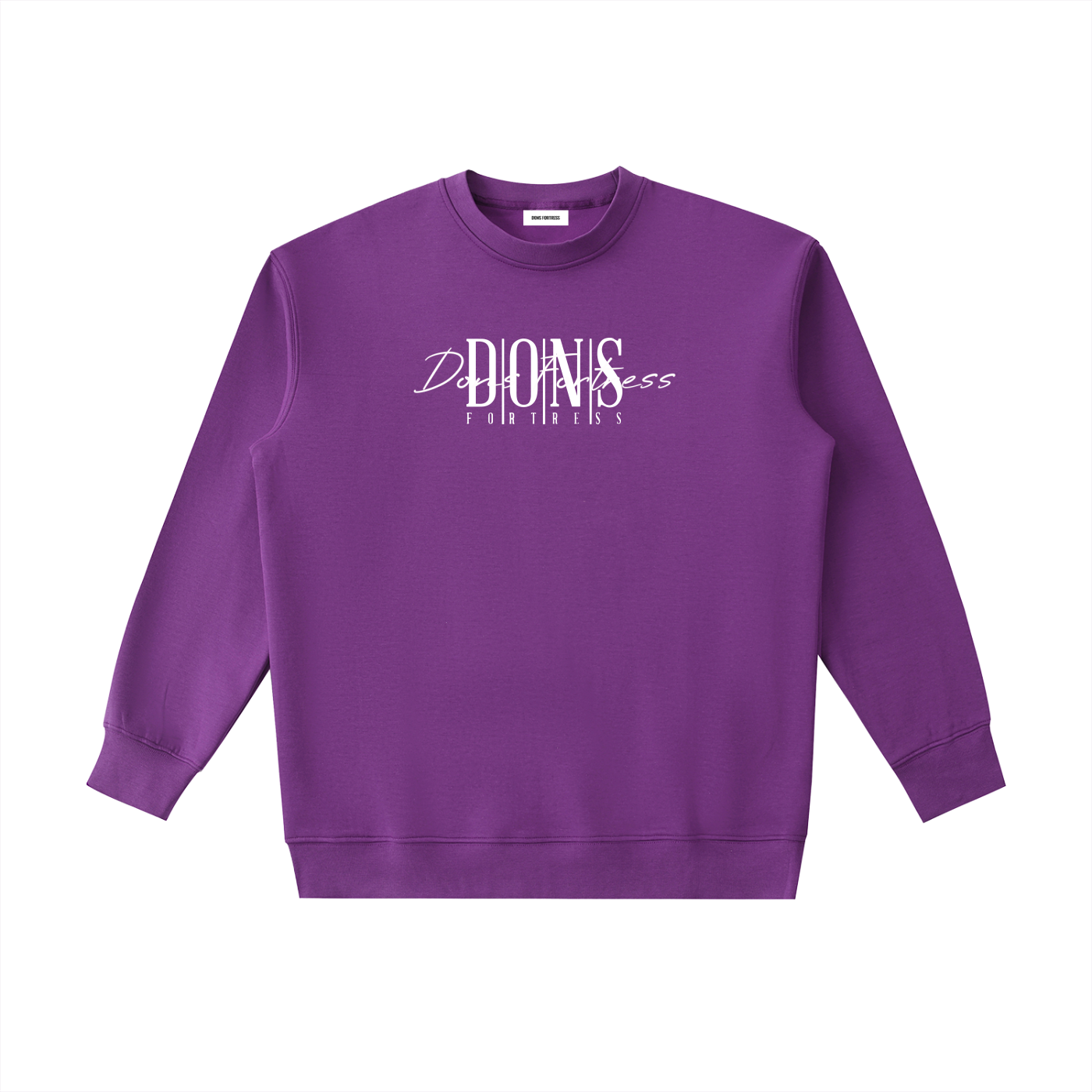 Purple sweatshirt with white text on a white background