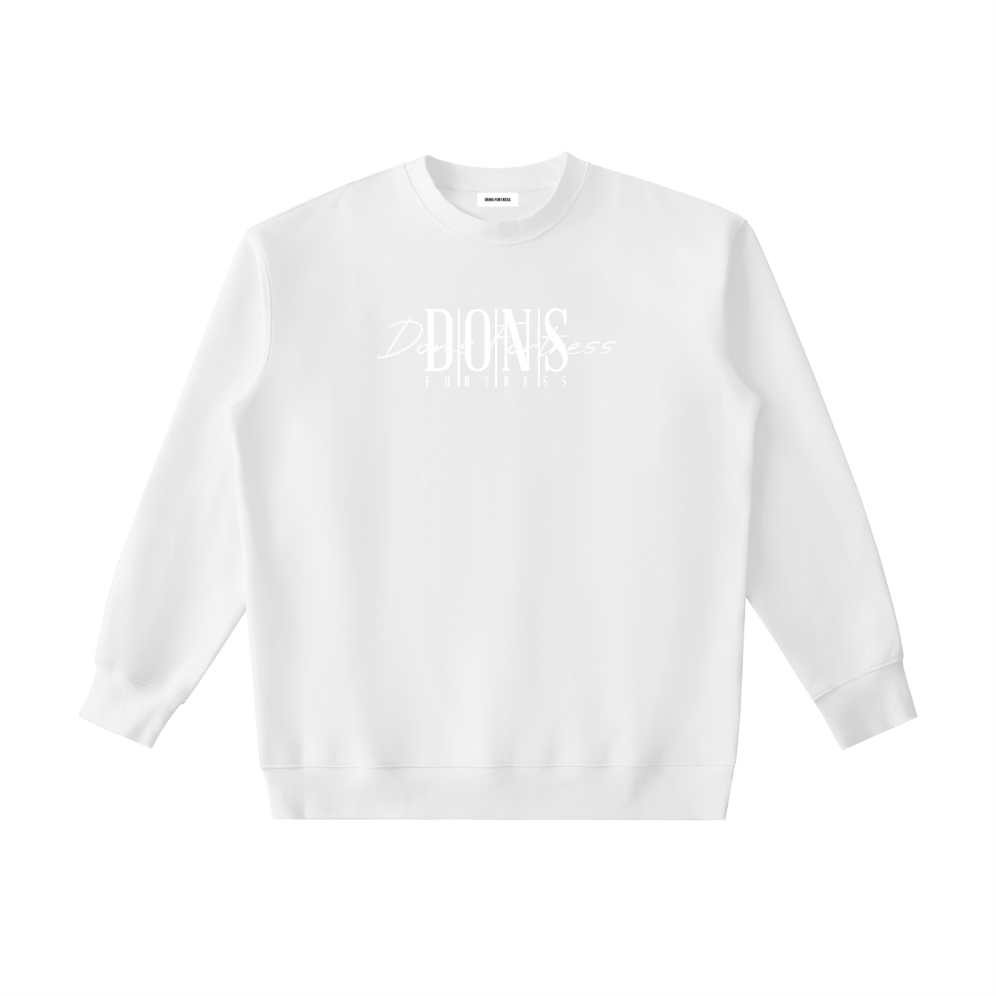 White sweatshirt with brand text on a white background