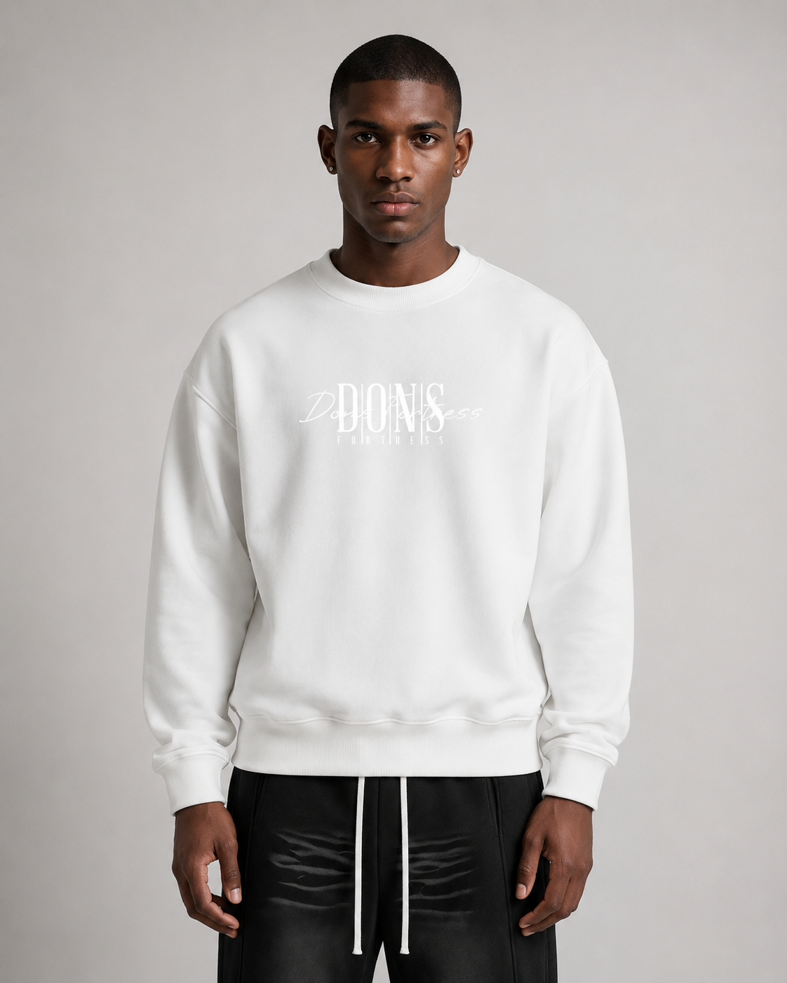 Man wearing a white sweatshirt with text on a gray background