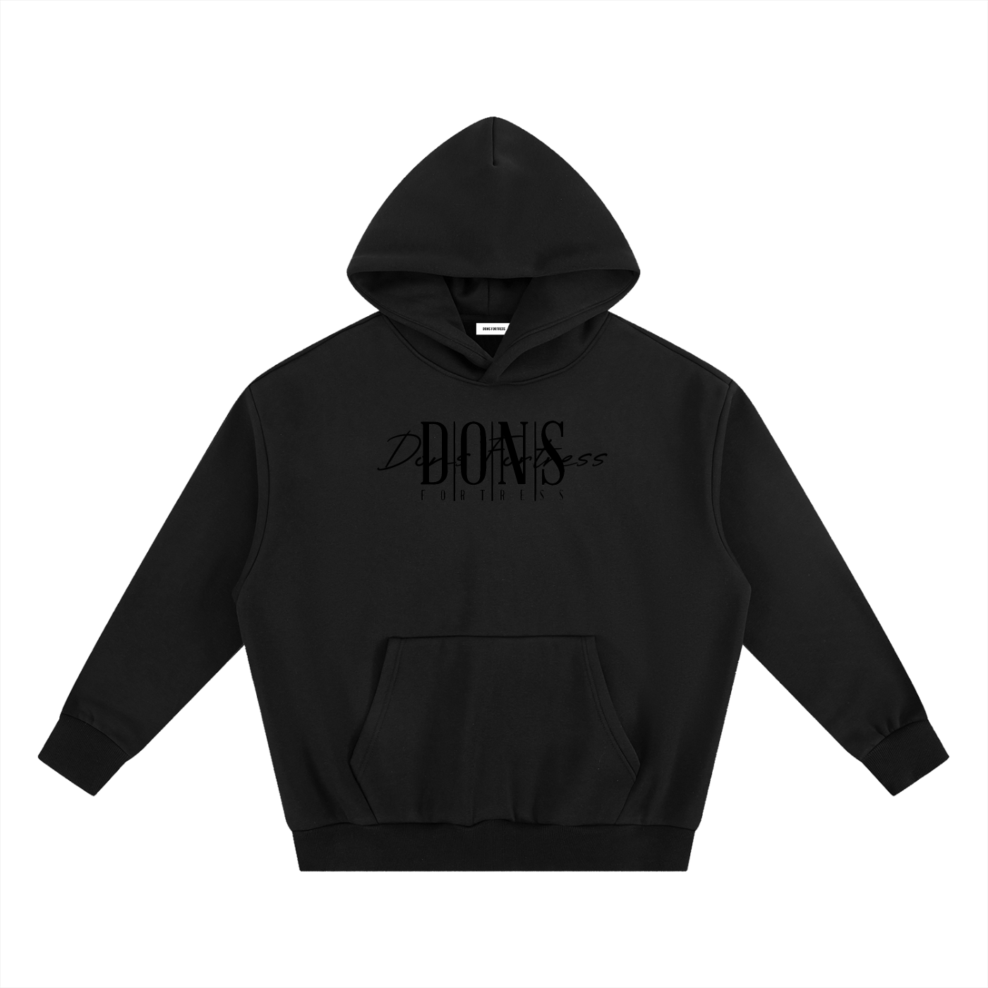 Black hoodie with text on a white background