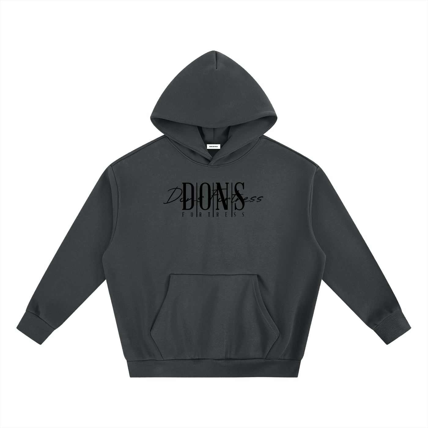 Dark gray hoodie with black text on a white background