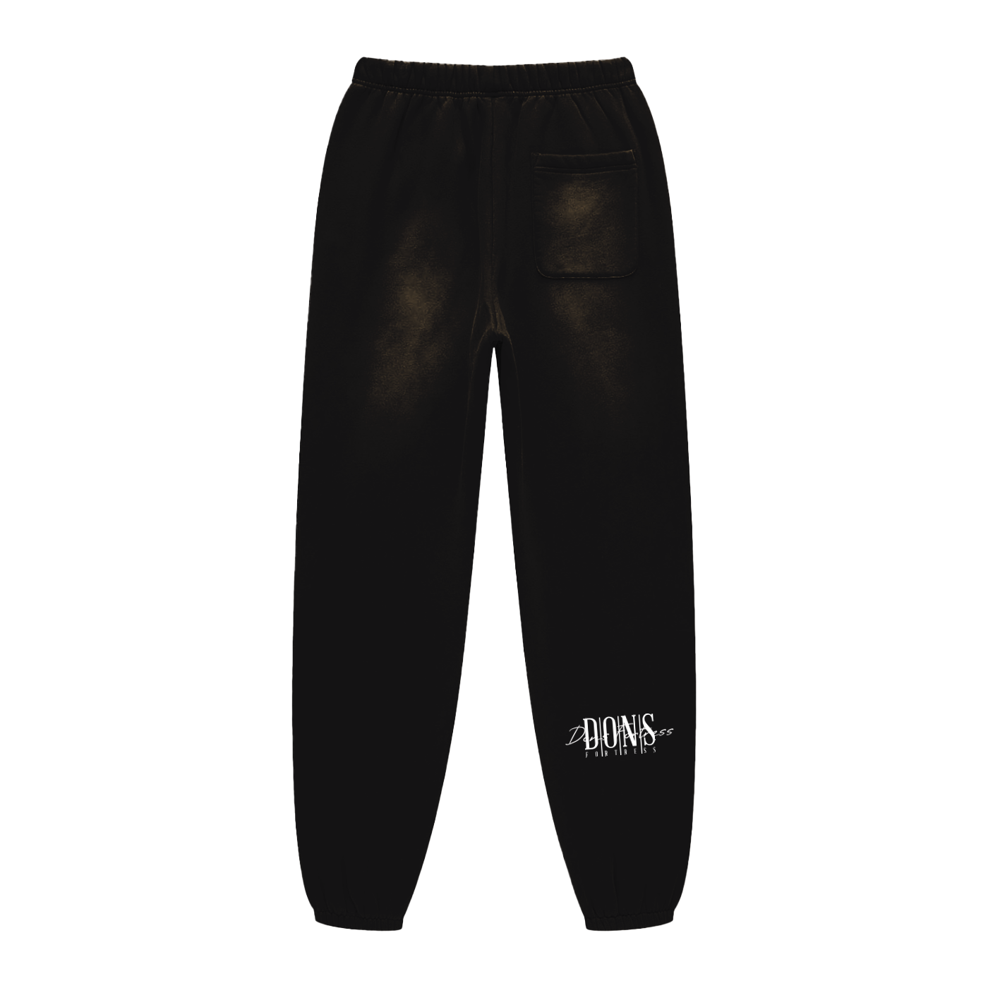 Black sweatpants with a logo on the leg against a white background