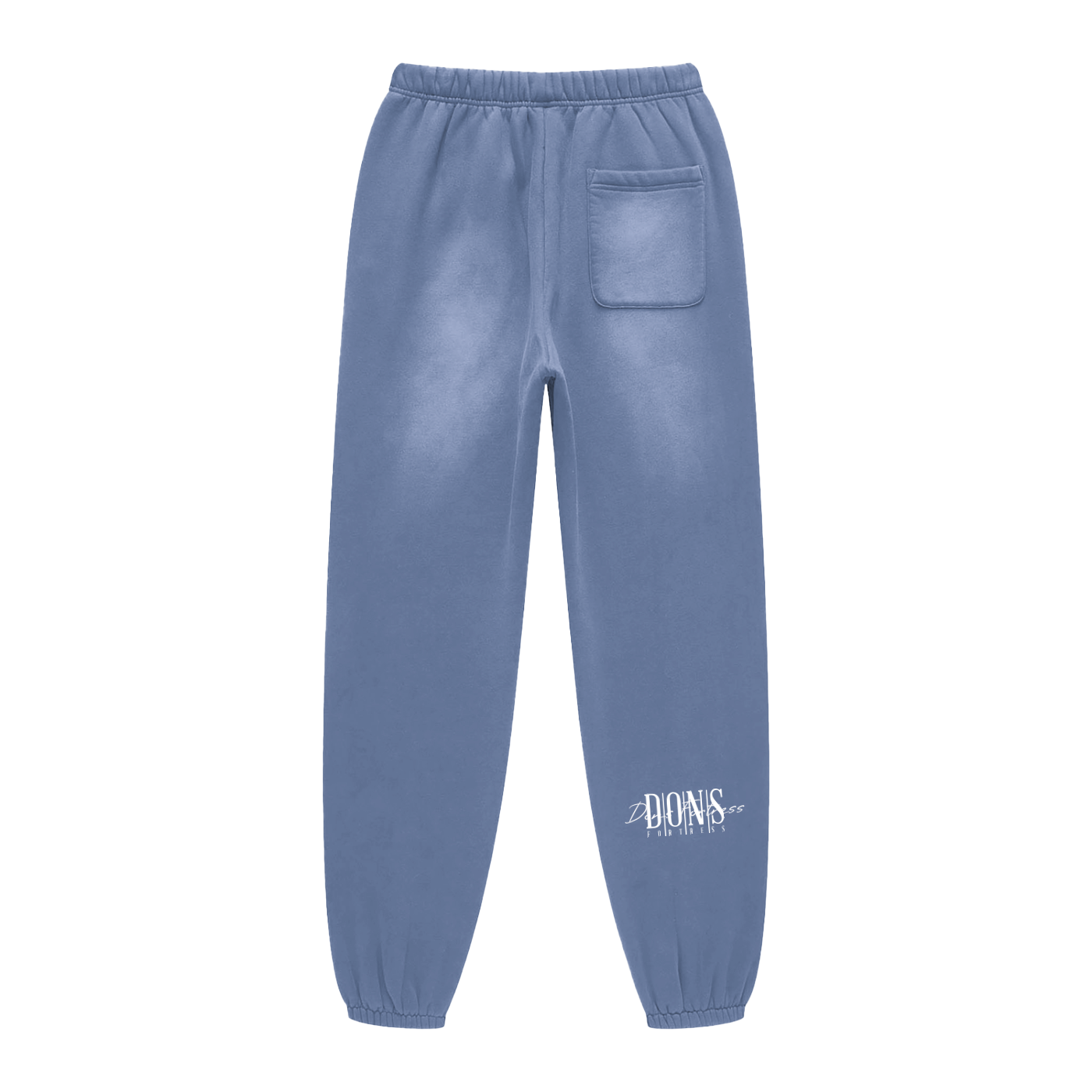 Blue sweatpants with a brand logo on a white background